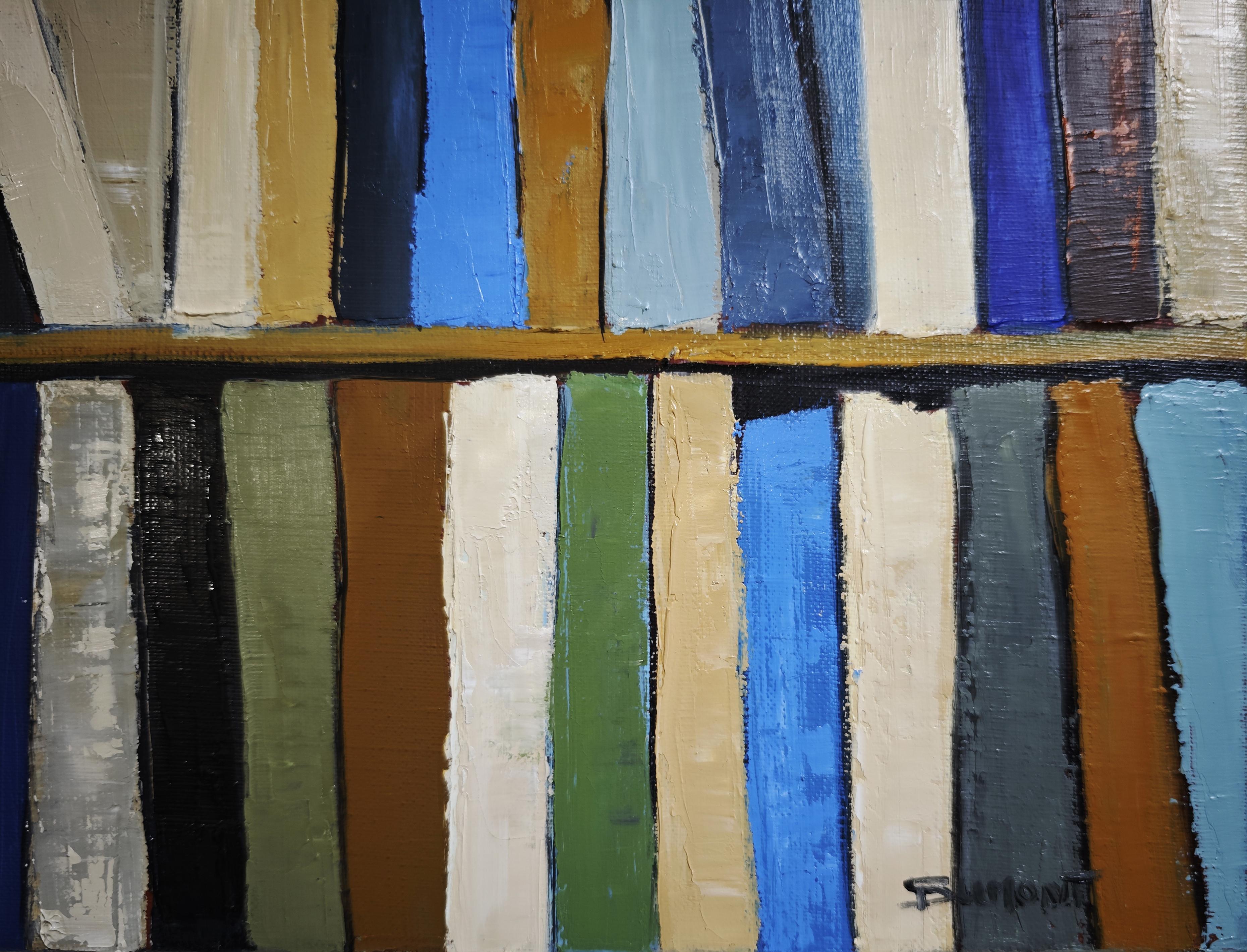 Les livres d'azur - Bibliothèque abstraite texturée originale, peinture à l'huile, contemporaine en vente 2