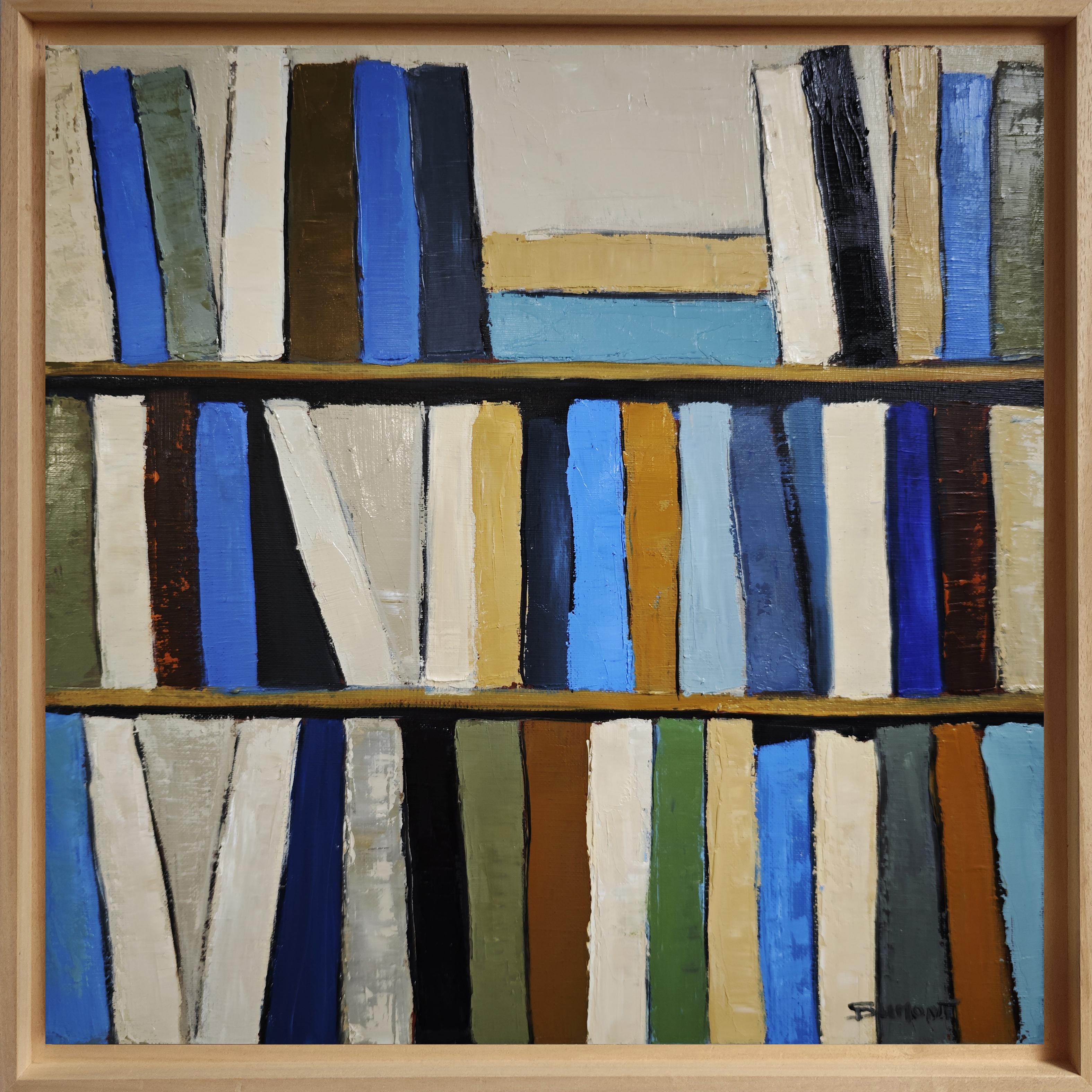 Still-Life Painting SOPHIE DUMONT - Les livres d'azur - Bibliothèque abstraite texturée originale, peinture à l'huile, contemporaine