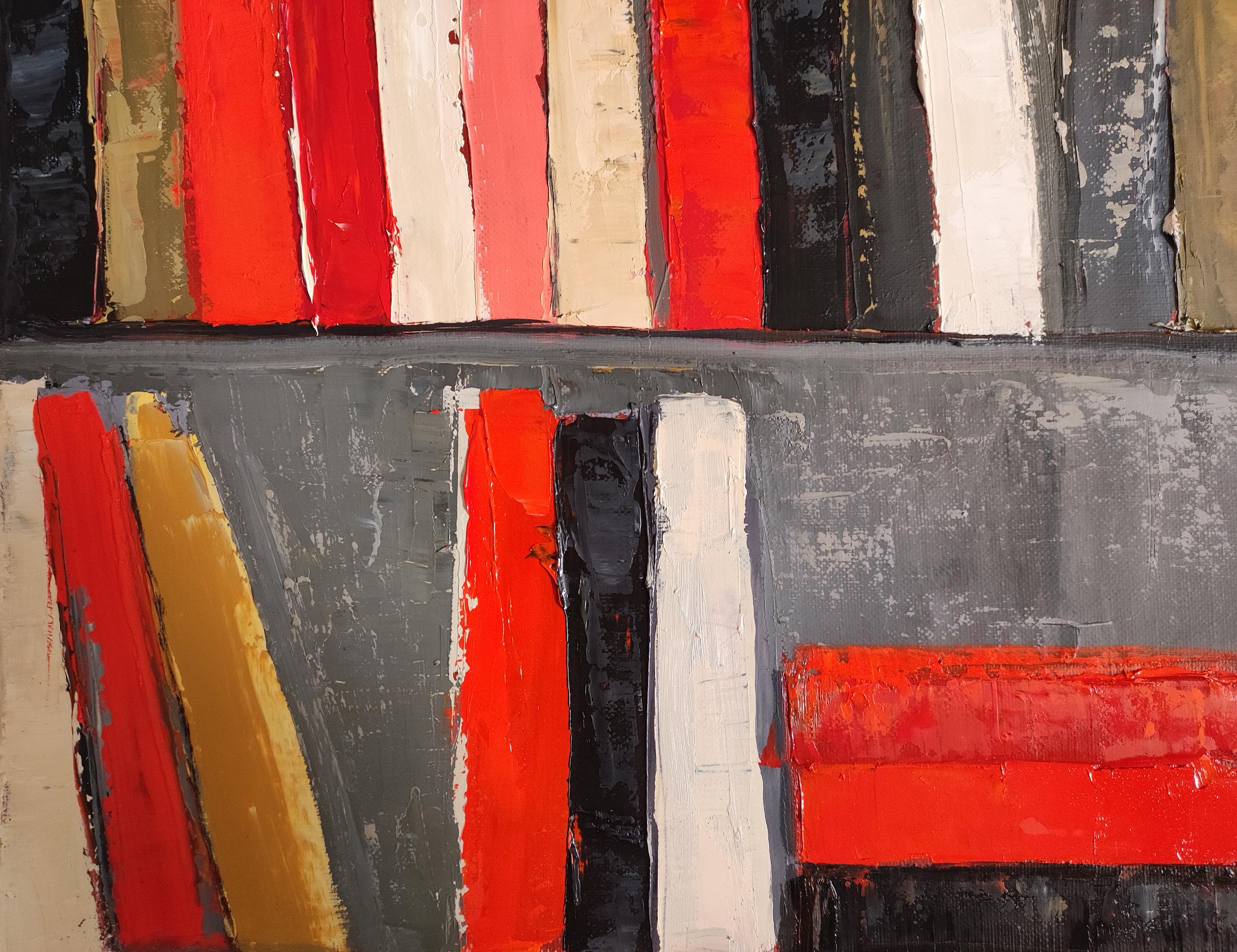 The Energy of Books, Abstract Contemporary Library, Expressionism, Oil on canvas - Red Interior Painting by SOPHIE DUMONT