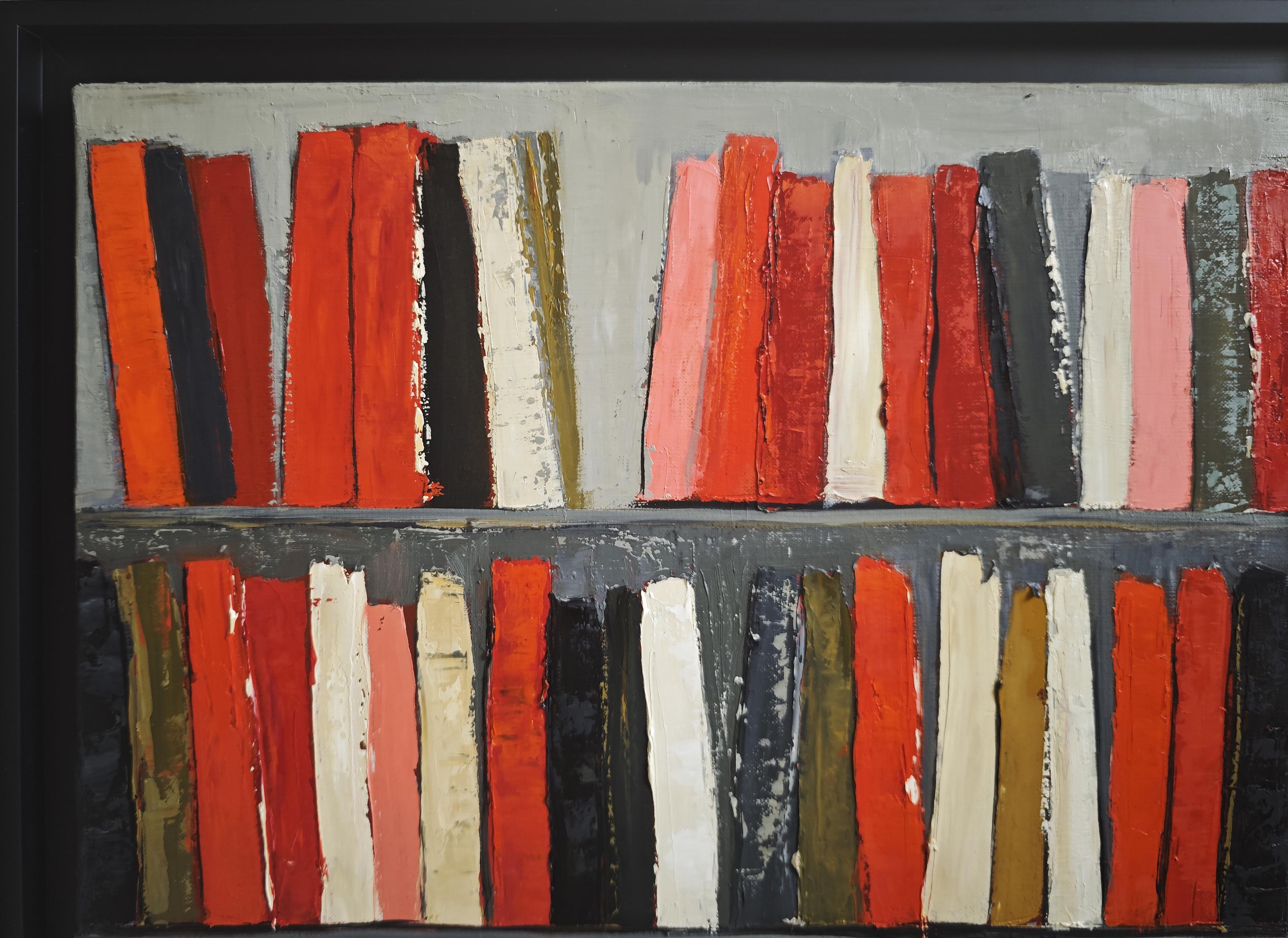 The Energy of Books, Abstract Contemporary Library, Expressionism, Oil on canvas - Red Interior Painting by SOPHIE DUMONT