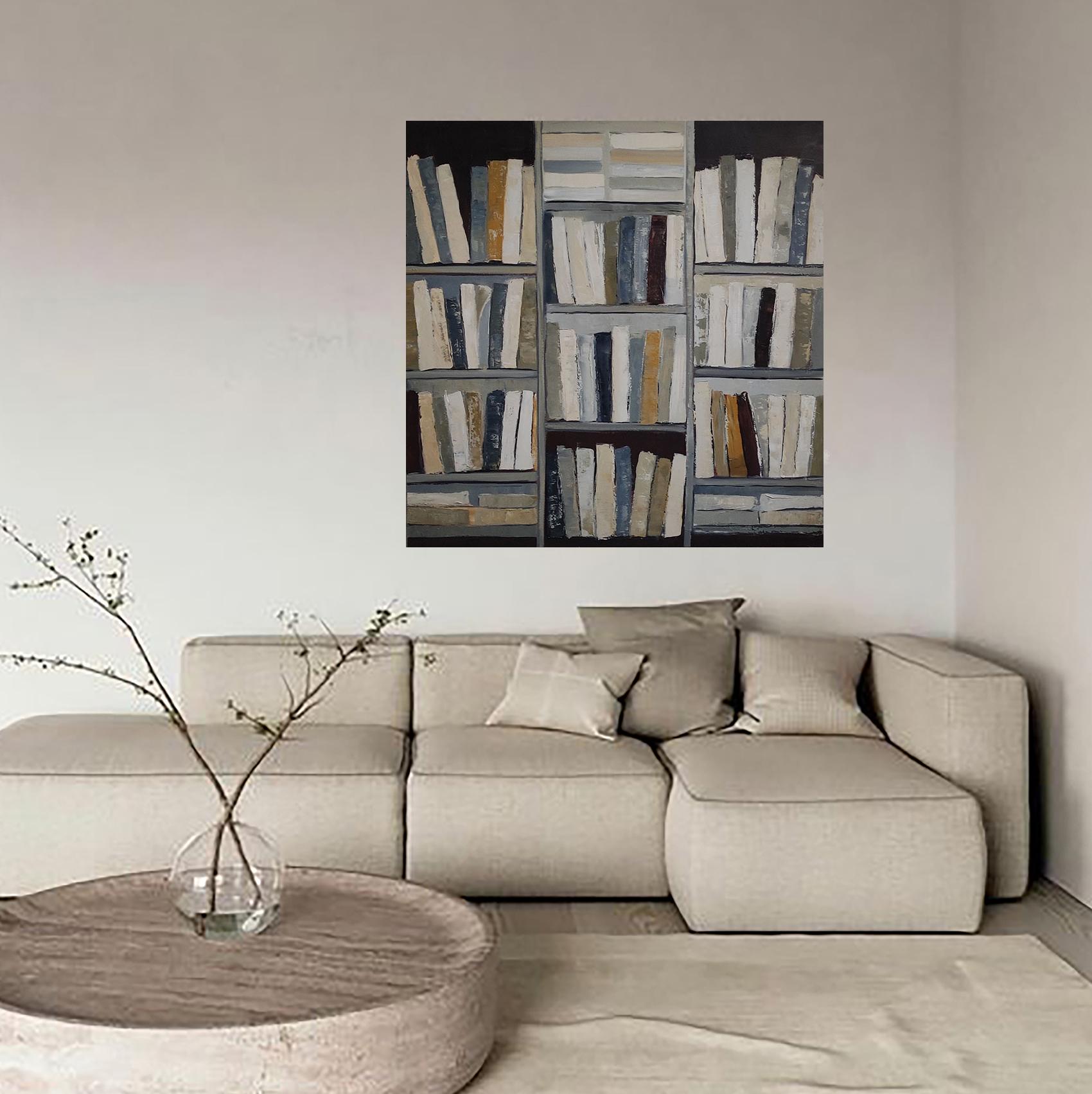 the library, oil on canas, books, white, gray, impasto, modern, minimalism - Painting by SOPHIE DUMONT