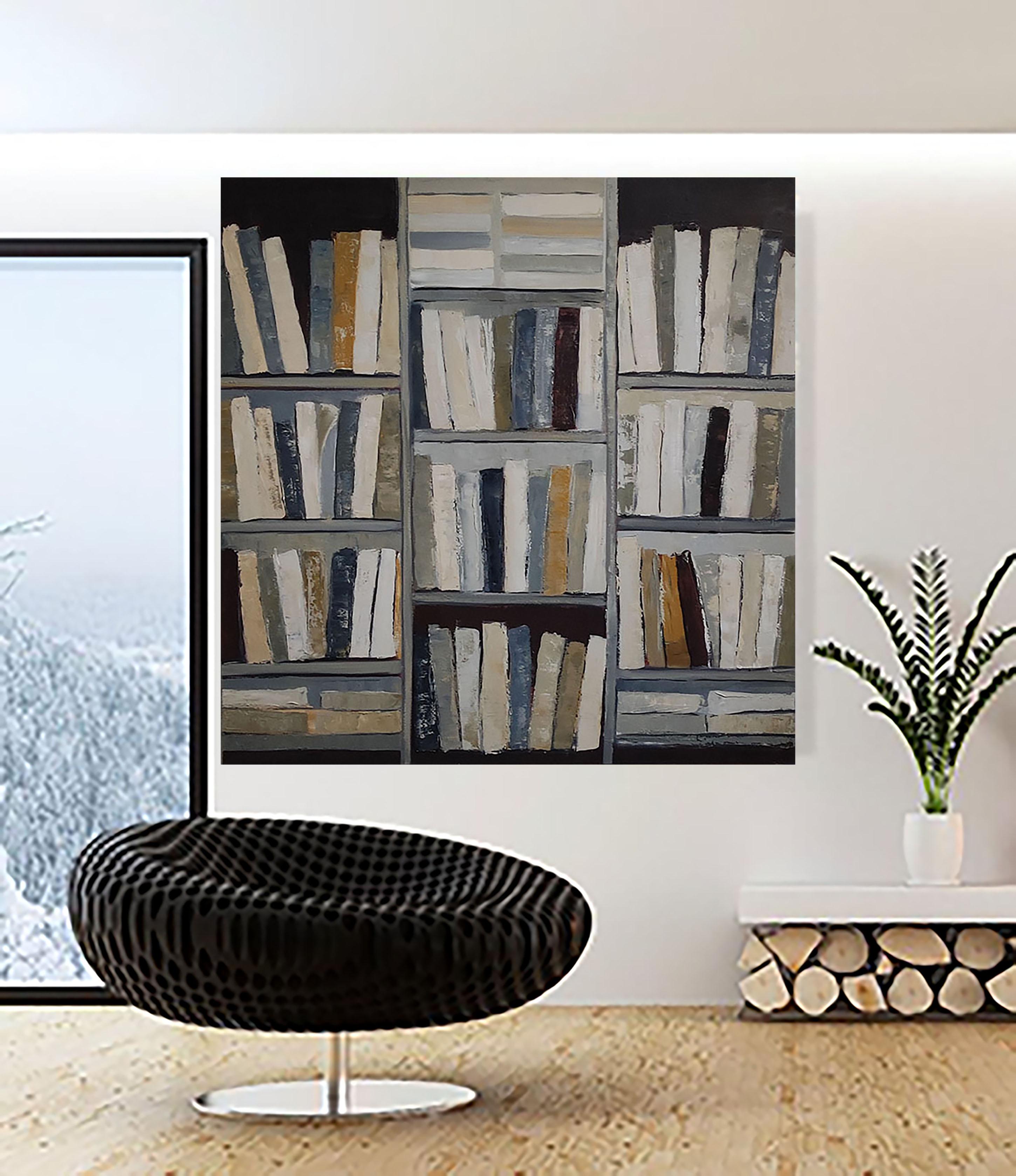 the library, oil on canas, books, white, gray, impasto, modern, minimalism - Gray Abstract Painting by SOPHIE DUMONT