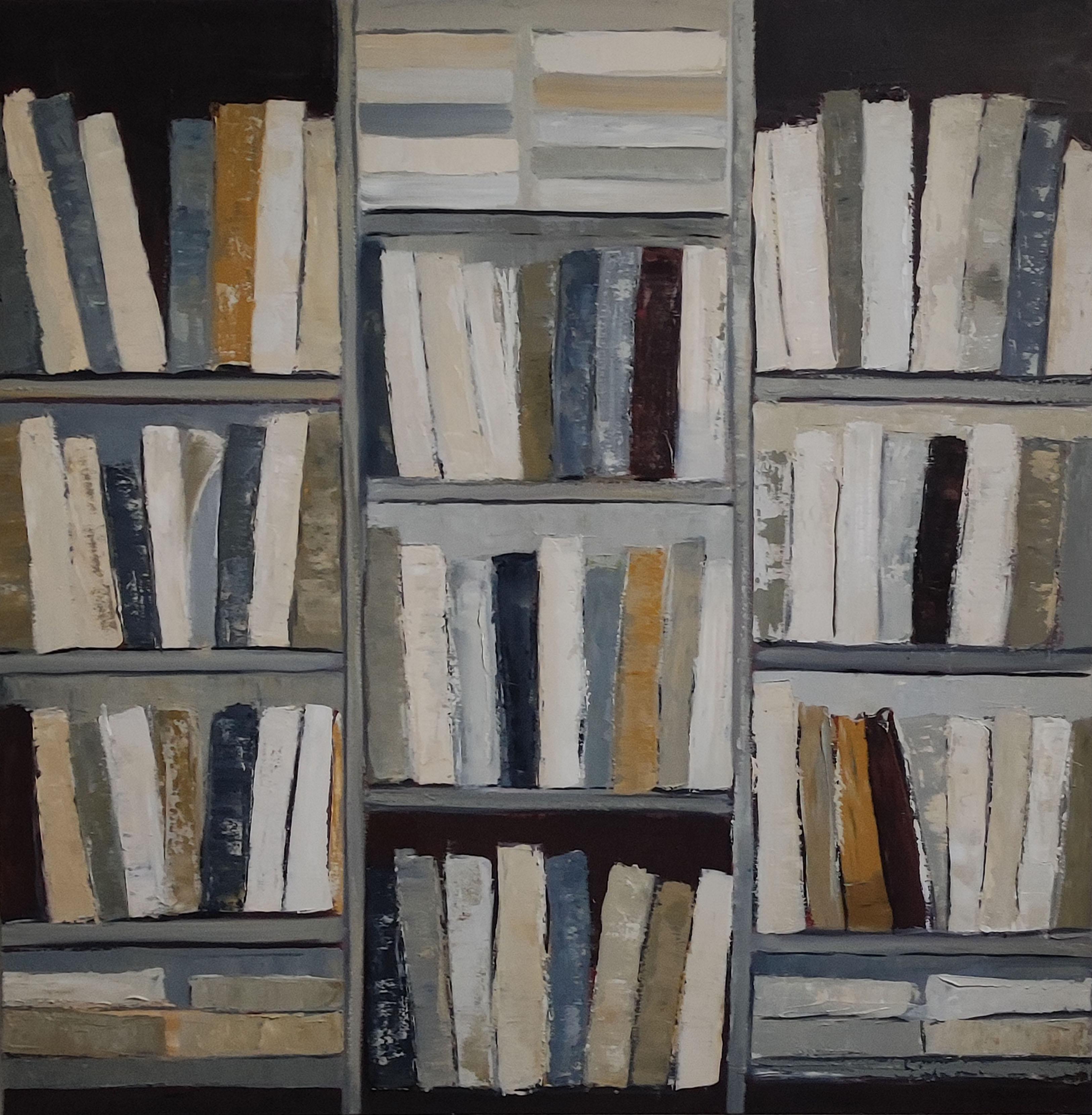 SOPHIE DUMONT Abstract Painting - the library, oil on canas, books, white, gray, impasto, modern, minimalism