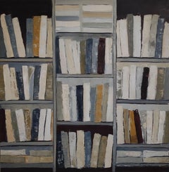 the library, oil on canas, books, white, gray, impasto, modern, minimalism