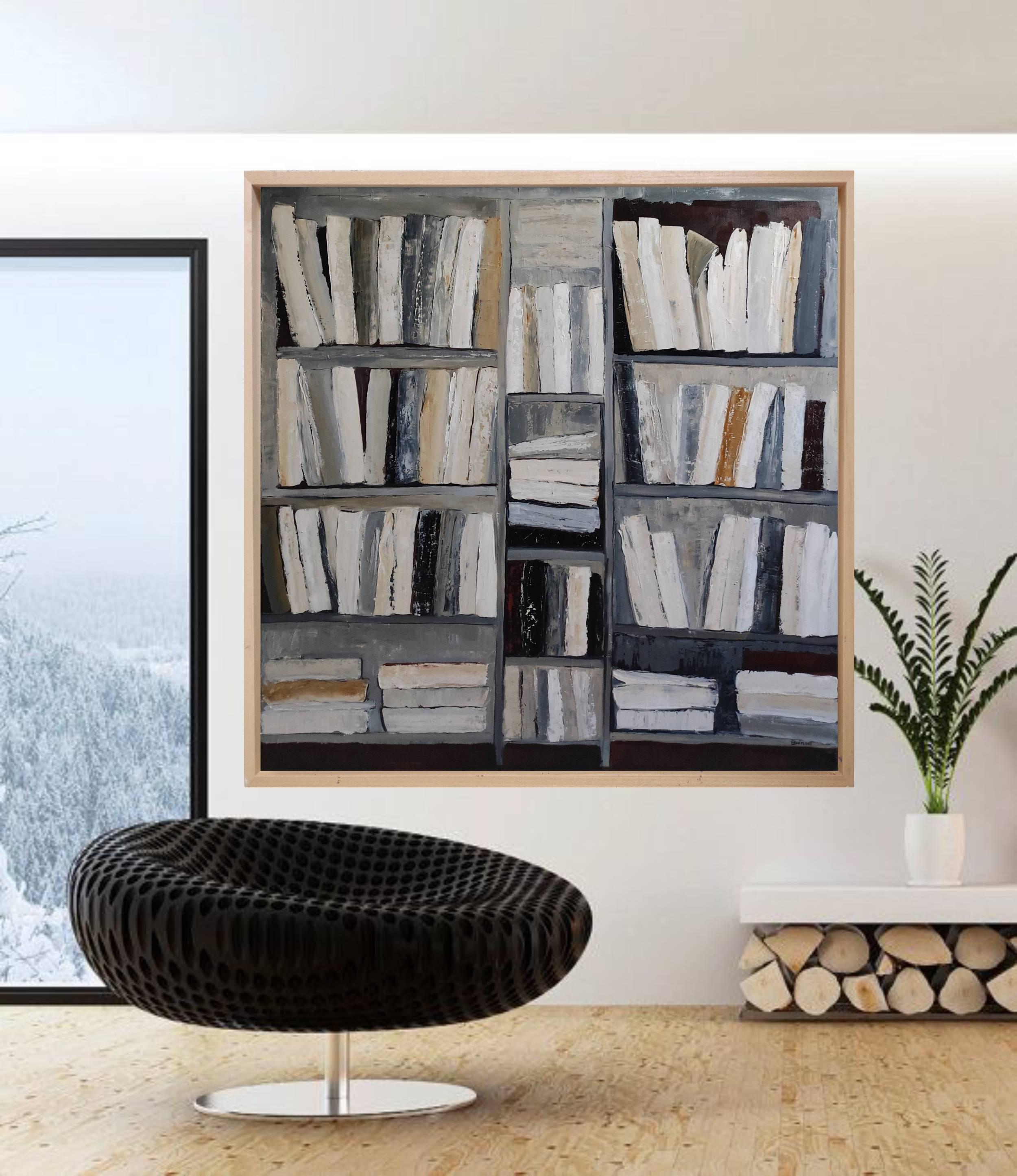 the manuscripts, grey abstract, library, books, oil on canvas, expressionism - Painting by SOPHIE DUMONT