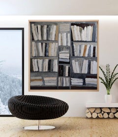 the manuscripts, grey abstract, library, books, oil on canvas, expressionism