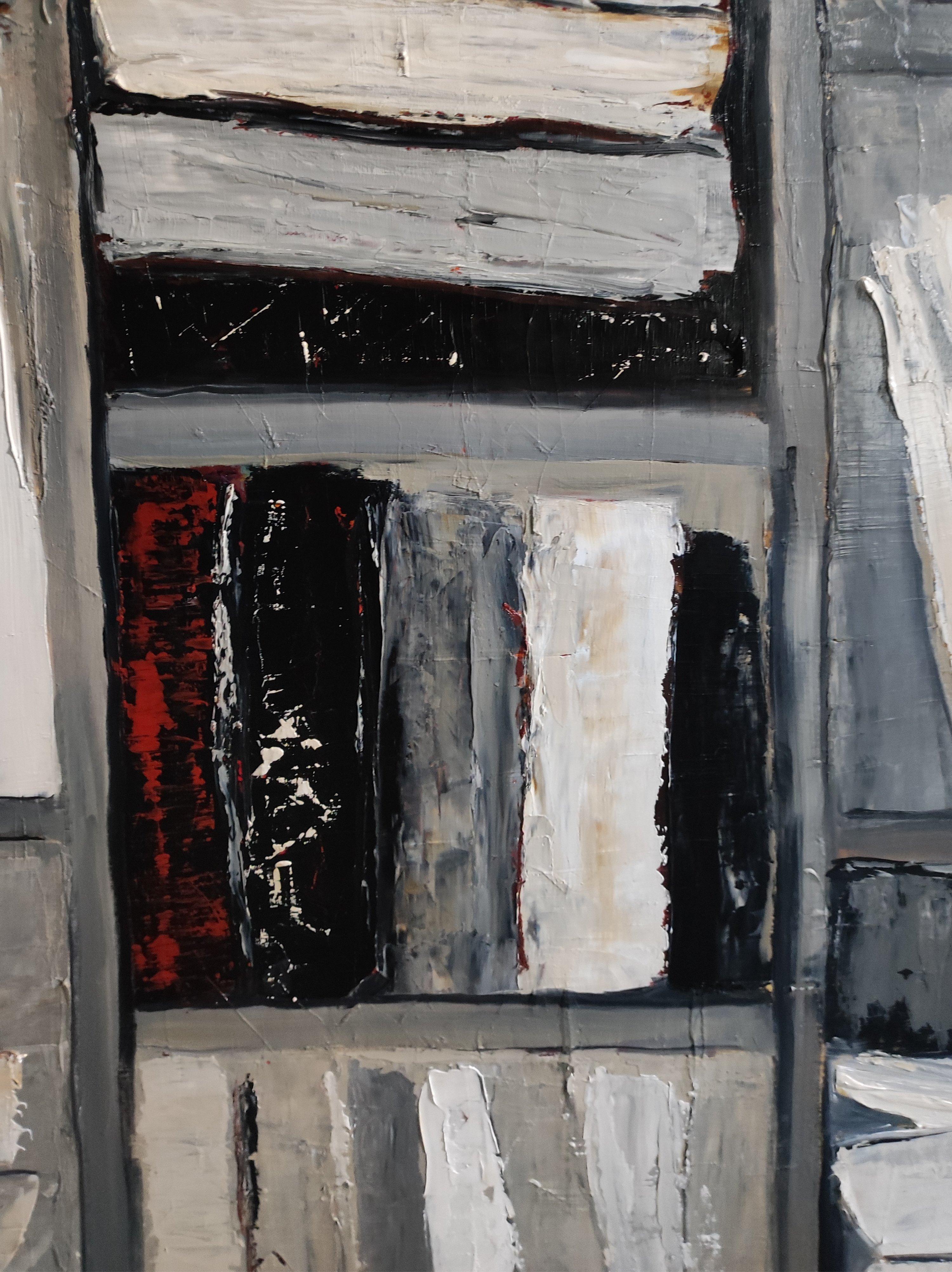 the manuscripts, grey abstract, library, books, oil on canvas, expressionism - Gray Interior Painting by SOPHIE DUMONT