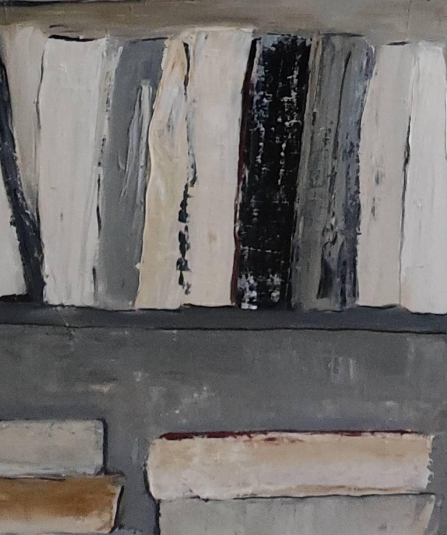 This painting will be exhibited at the Charles Leandre museum in Conde-sur-Noireau from 03/16 to 09/22/2024

Abstraction of gray, black, white and ocher books in oil on canvas in a library.
The subject here, the library, is refined as much as