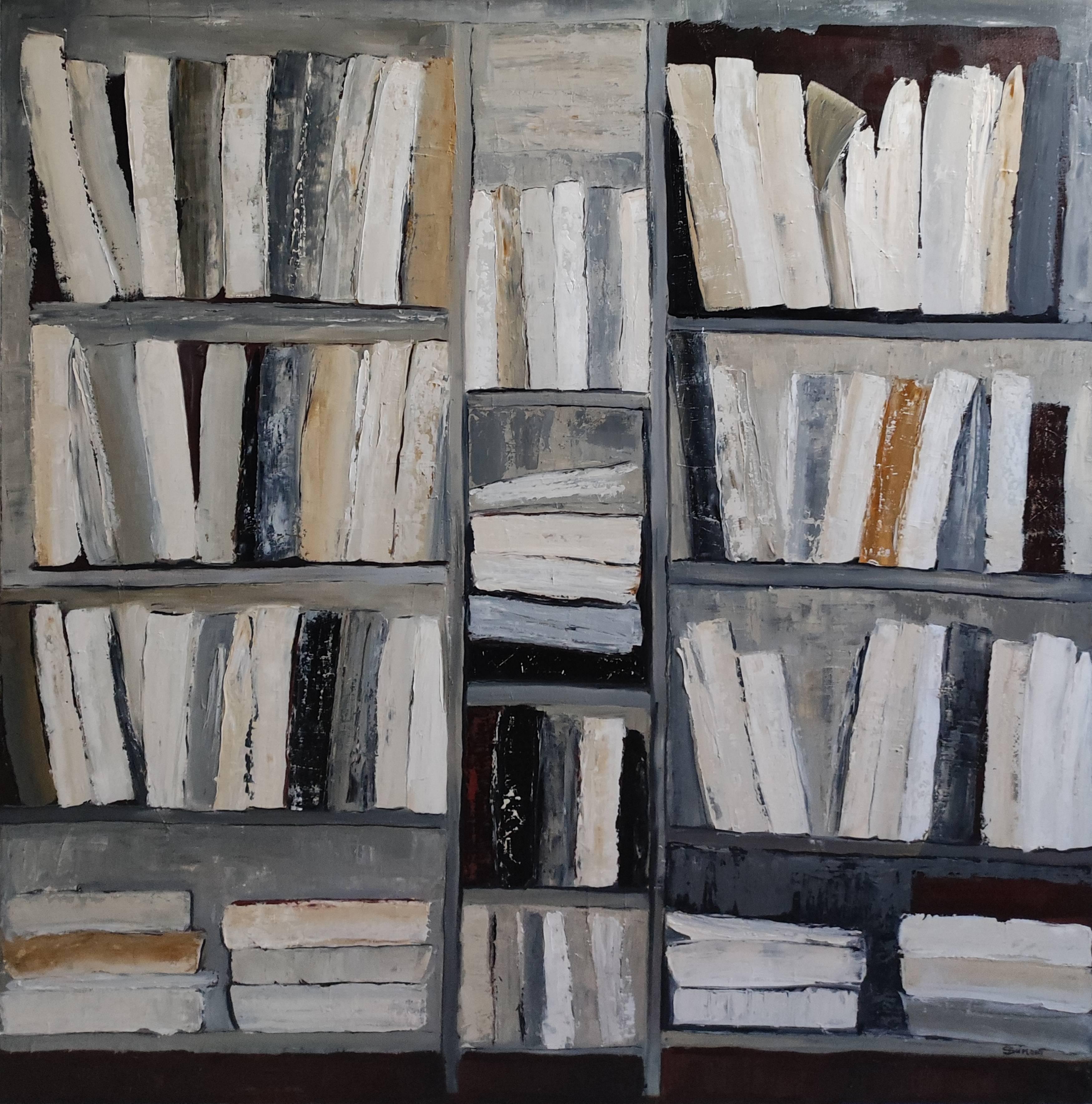 SOPHIE DUMONT Interior Painting – Die Manuskripte, Grau-Abstraktion, Bibliothek, Bücher, Öl auf Leinwand, Expressionismus