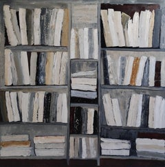 the manuscripts, grey abstract, library, books, oil on canvas, expressionism