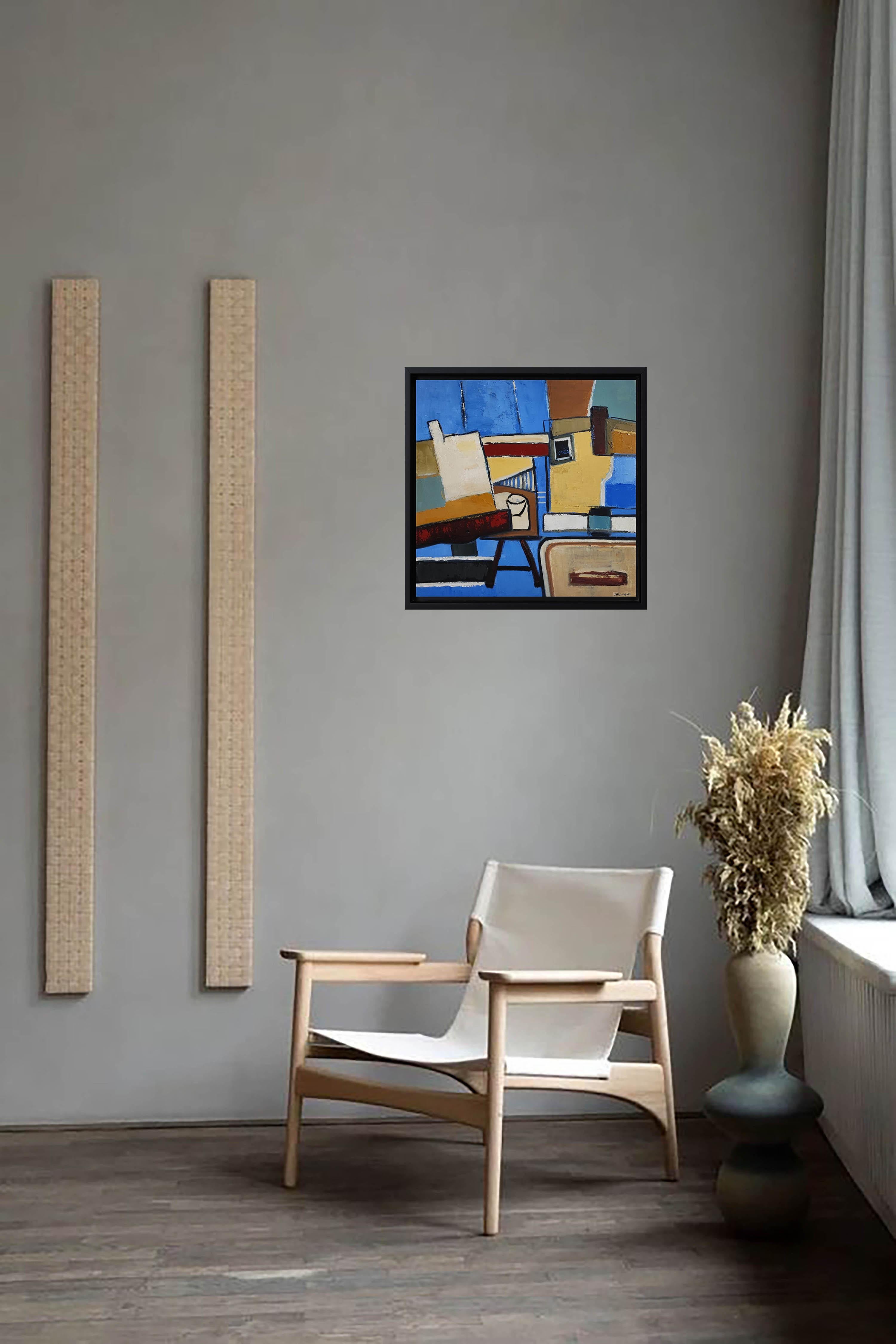 L'opera cattura l'energia e la vitalità dello studio di un artista, trasformando questo spazio creativo in un mosaico di colori e forme. La giustapposizione di tinte vivaci e texture spesse crea una composizione al tempo stesso caotica e armoniosa,