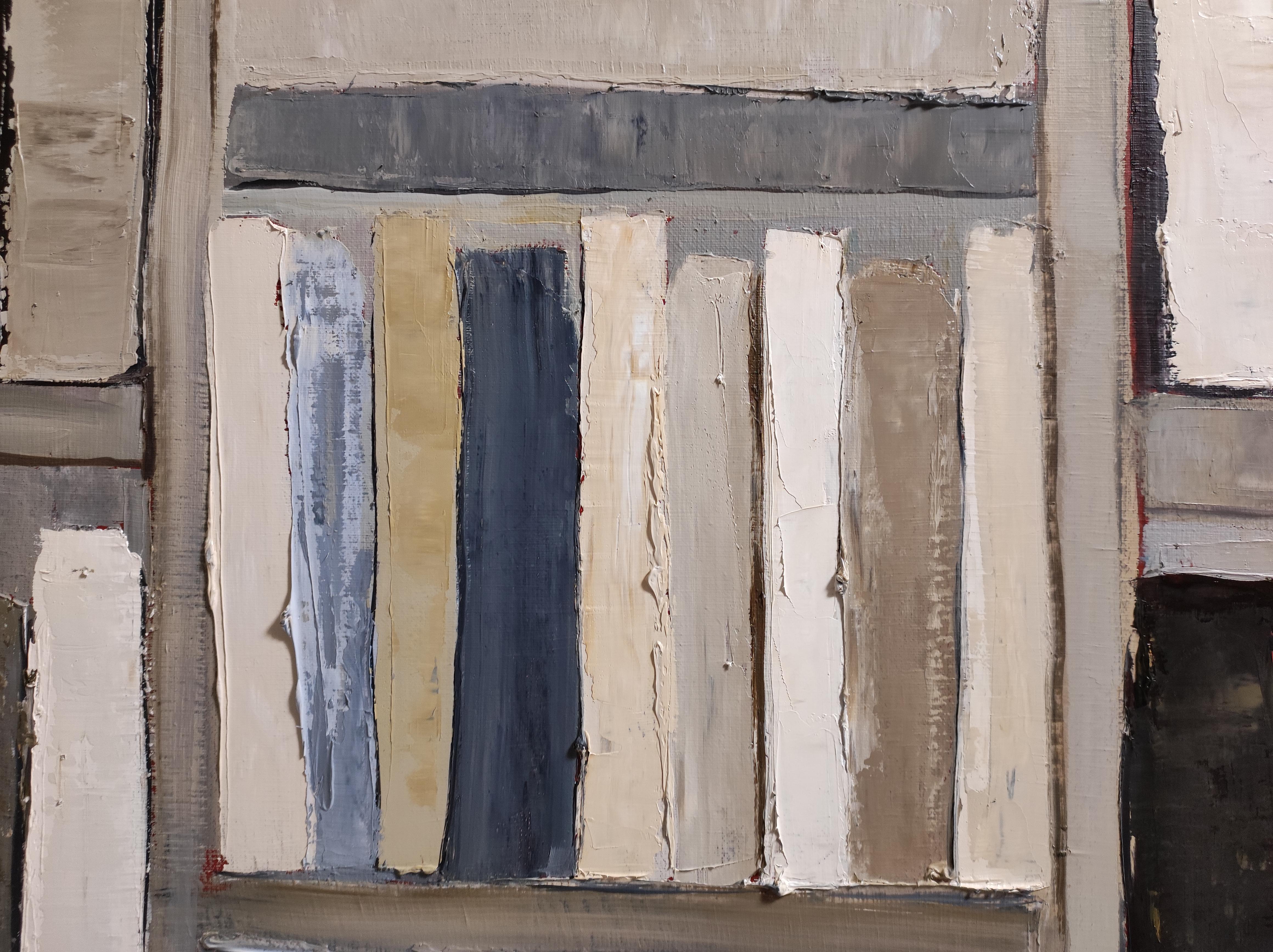 The Reader’s Eye-Abstract oil painting, stylized bookshelf with warm tones For Sale 6