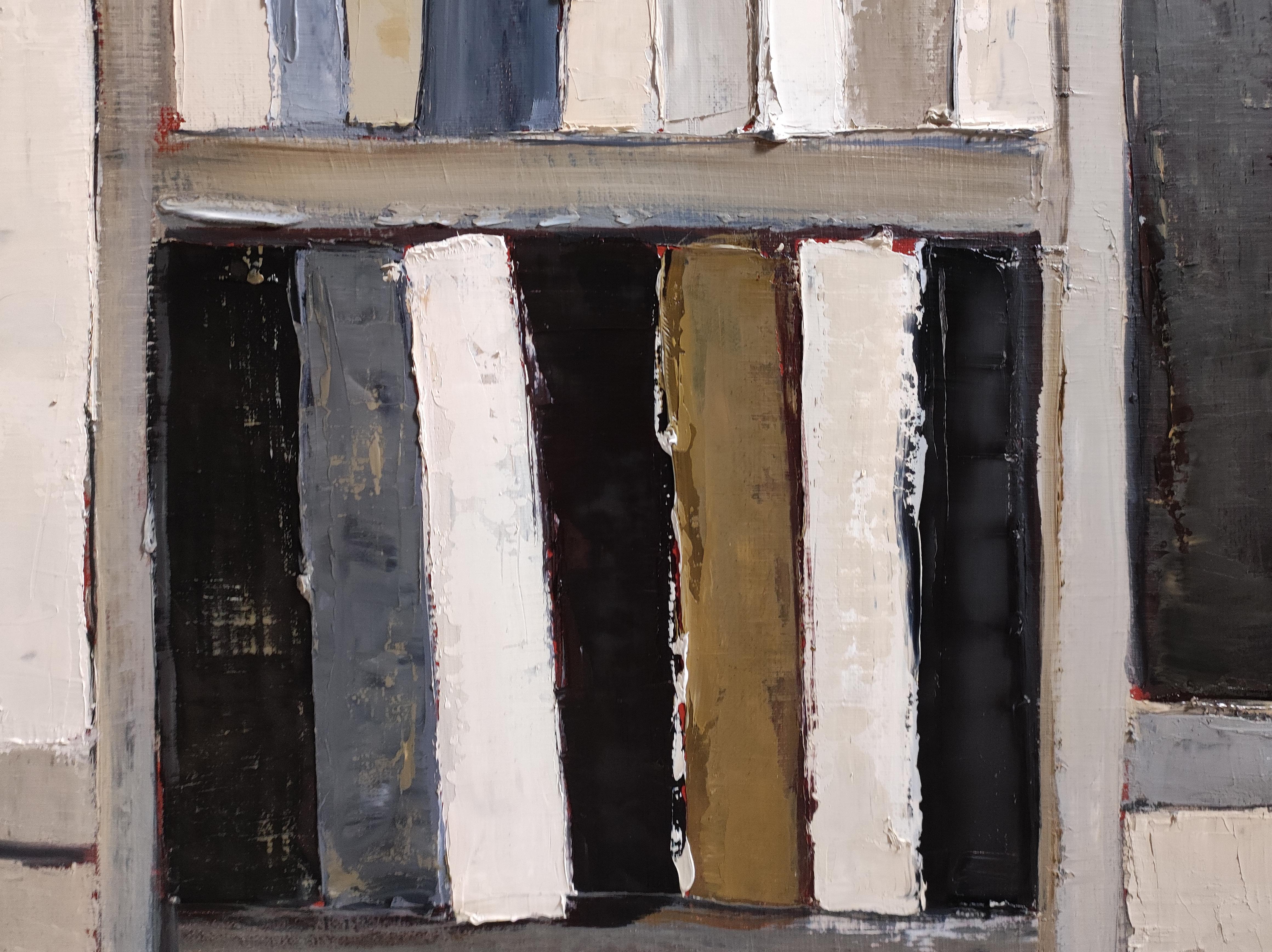 The Reader’s Eye-Abstract oil painting, stylized bookshelf with warm tones For Sale 7