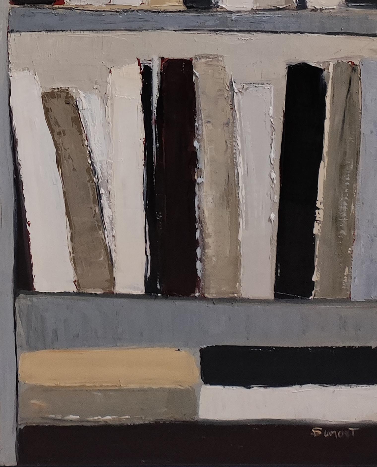 The Reader’s Eye-Abstract oil painting, stylized bookshelf with warm tones For Sale 8