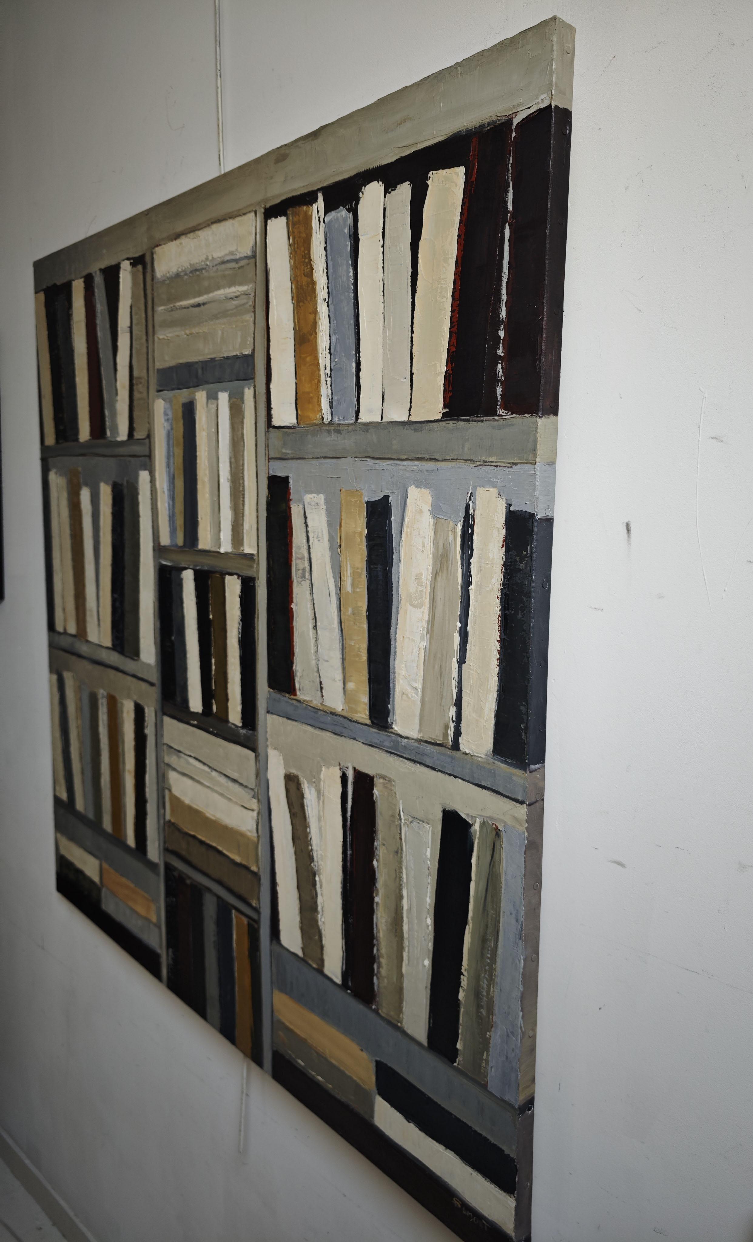 The Reader's Eye-Pittura ad olio astratta, libreria stilizzata con toni caldi in vendita 8