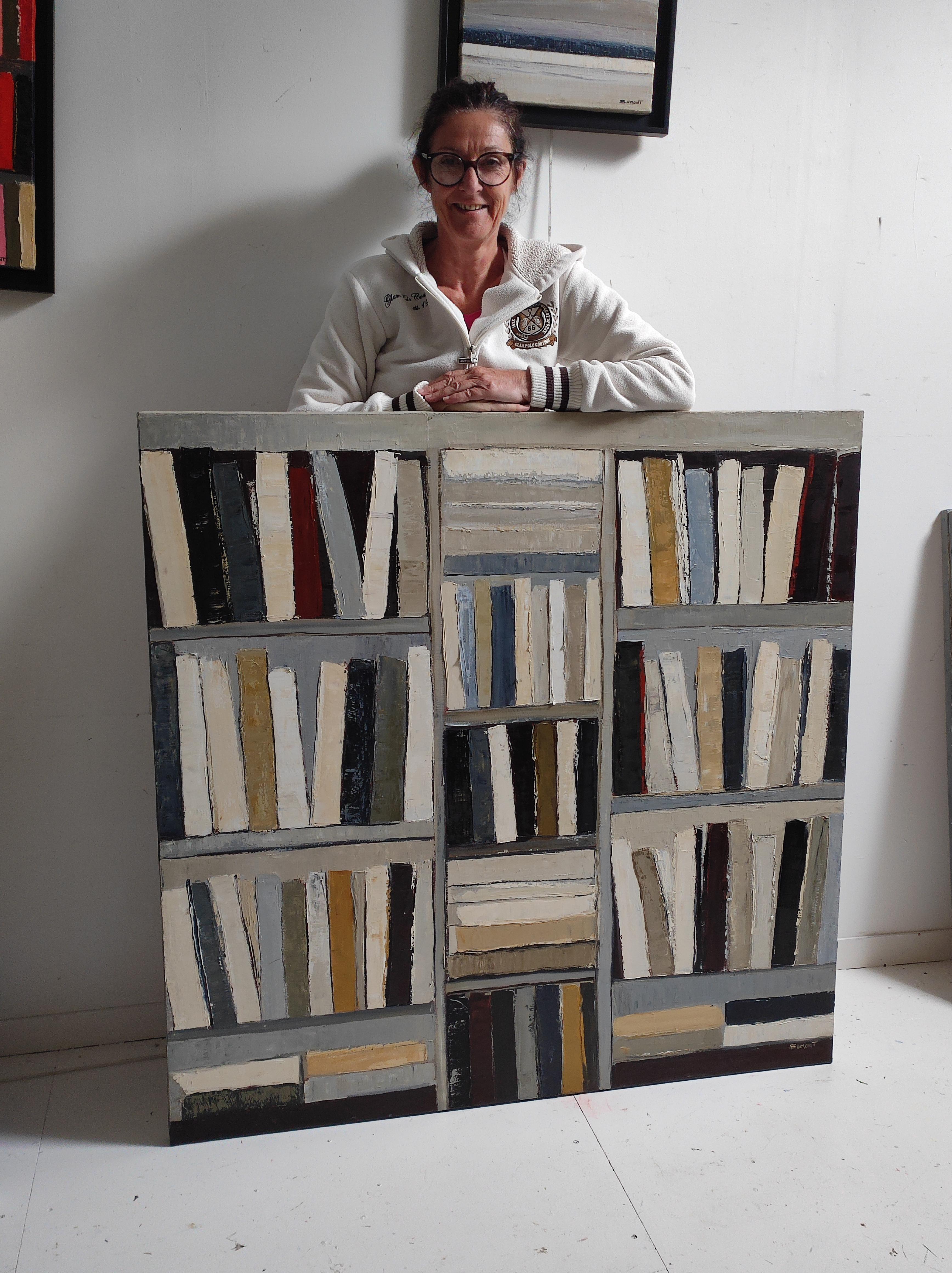 The Reader's Eye-Pittura ad olio astratta, libreria stilizzata con toni caldi in vendita 10