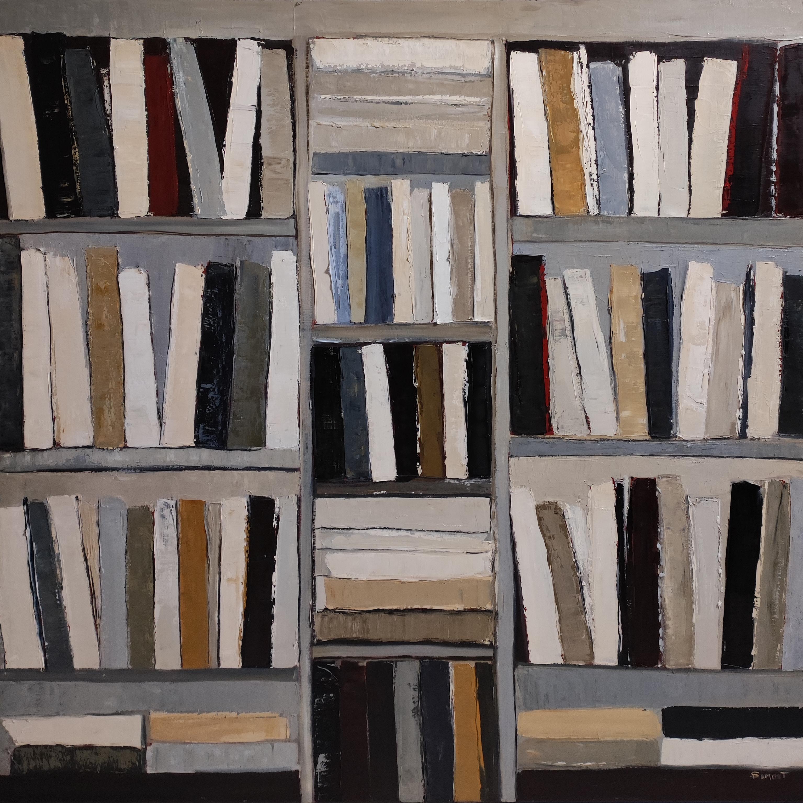 The Reader’s Eye-Abstract oil painting, stylized bookshelf with warm tones - Painting by SOPHIE DUMONT