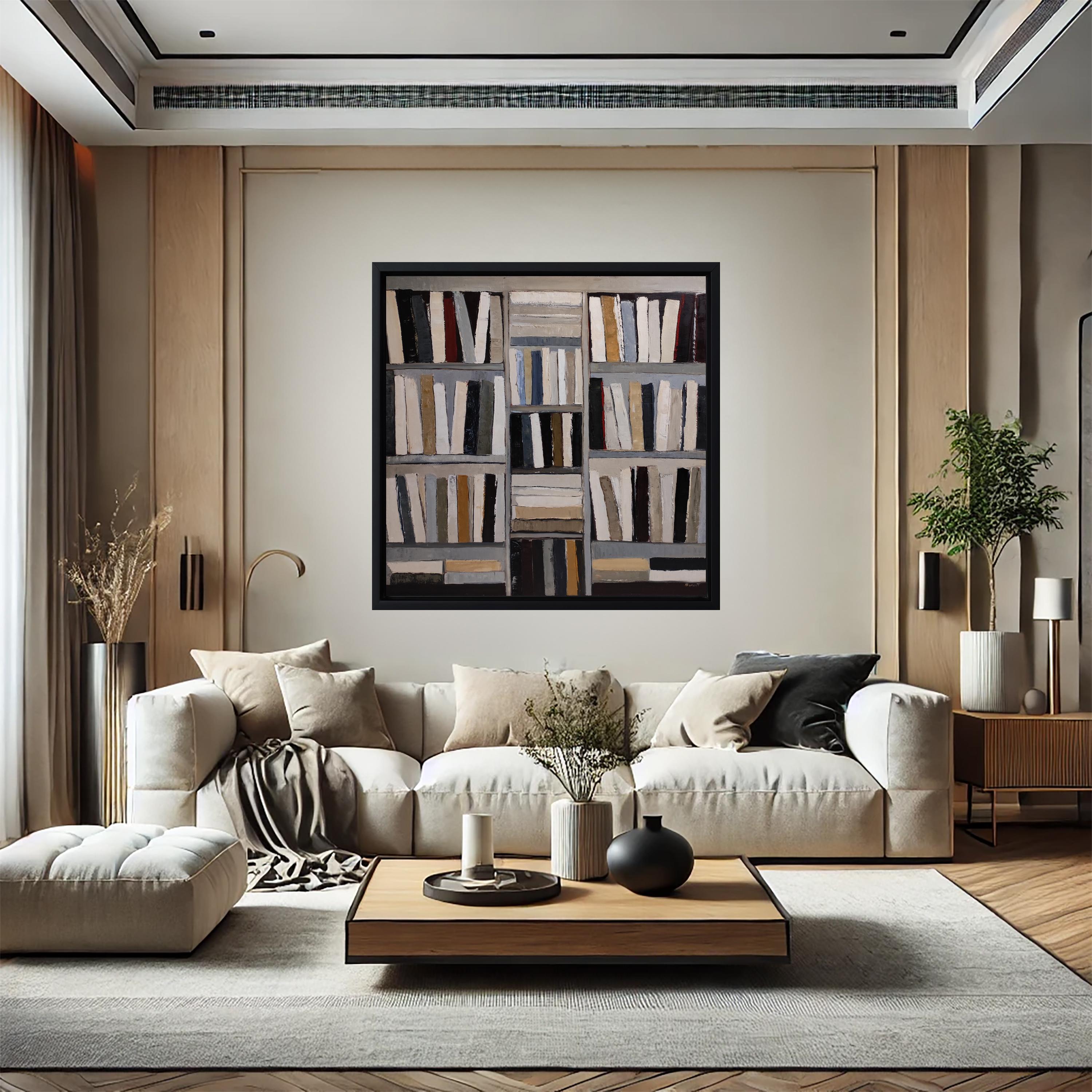 The Reader’s Eye-Abstract oil painting, stylized bookshelf with warm tones - Black Interior Painting by SOPHIE DUMONT