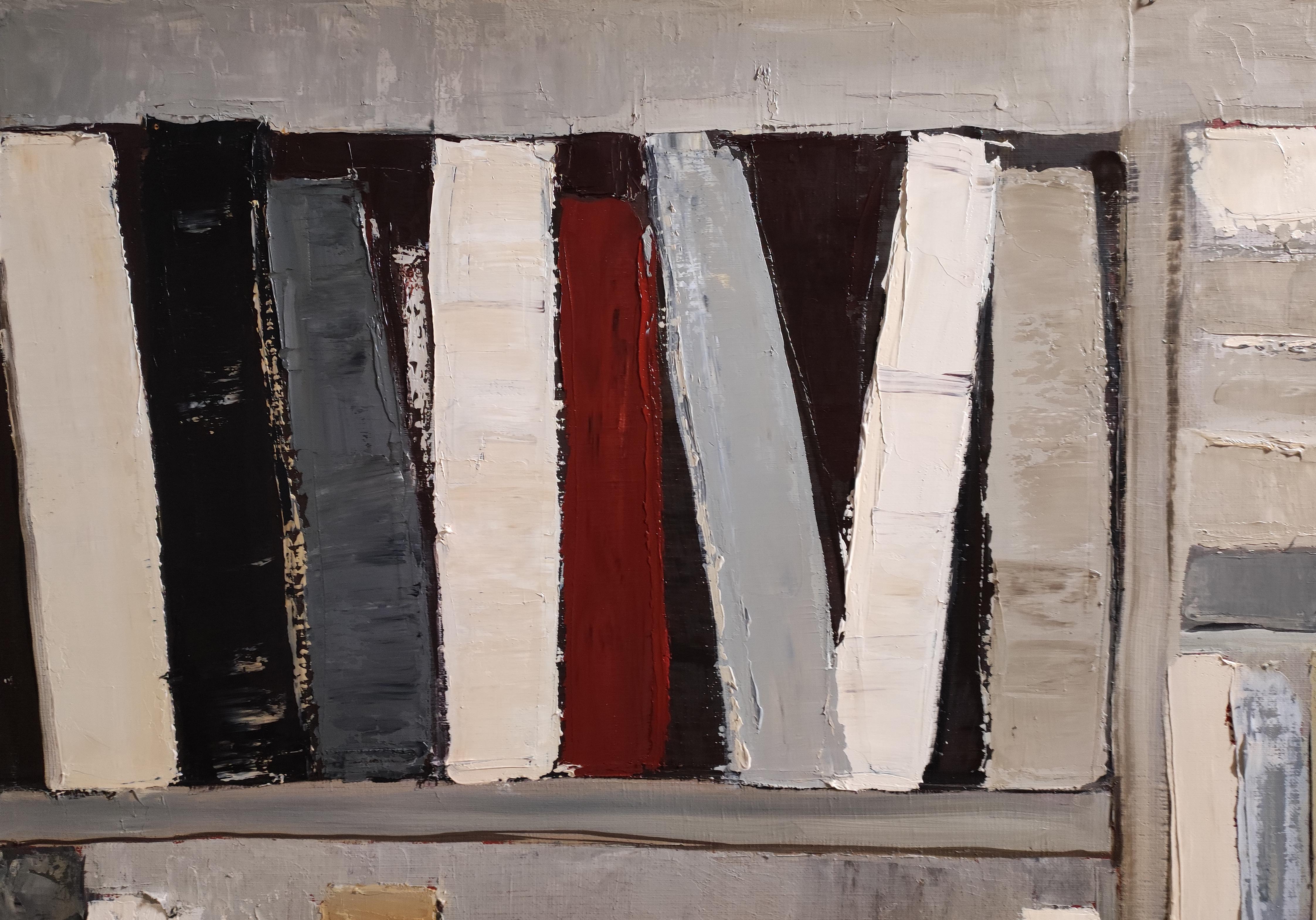 In The Reader’s Eye, French painter Sophie Dumont invites us into an abstract, architectural library—one that seems carved from silence and memory. This large-scale oil on canvas  47.24x47.24 in (120 x 120 cm) stands as a contemplative façade of