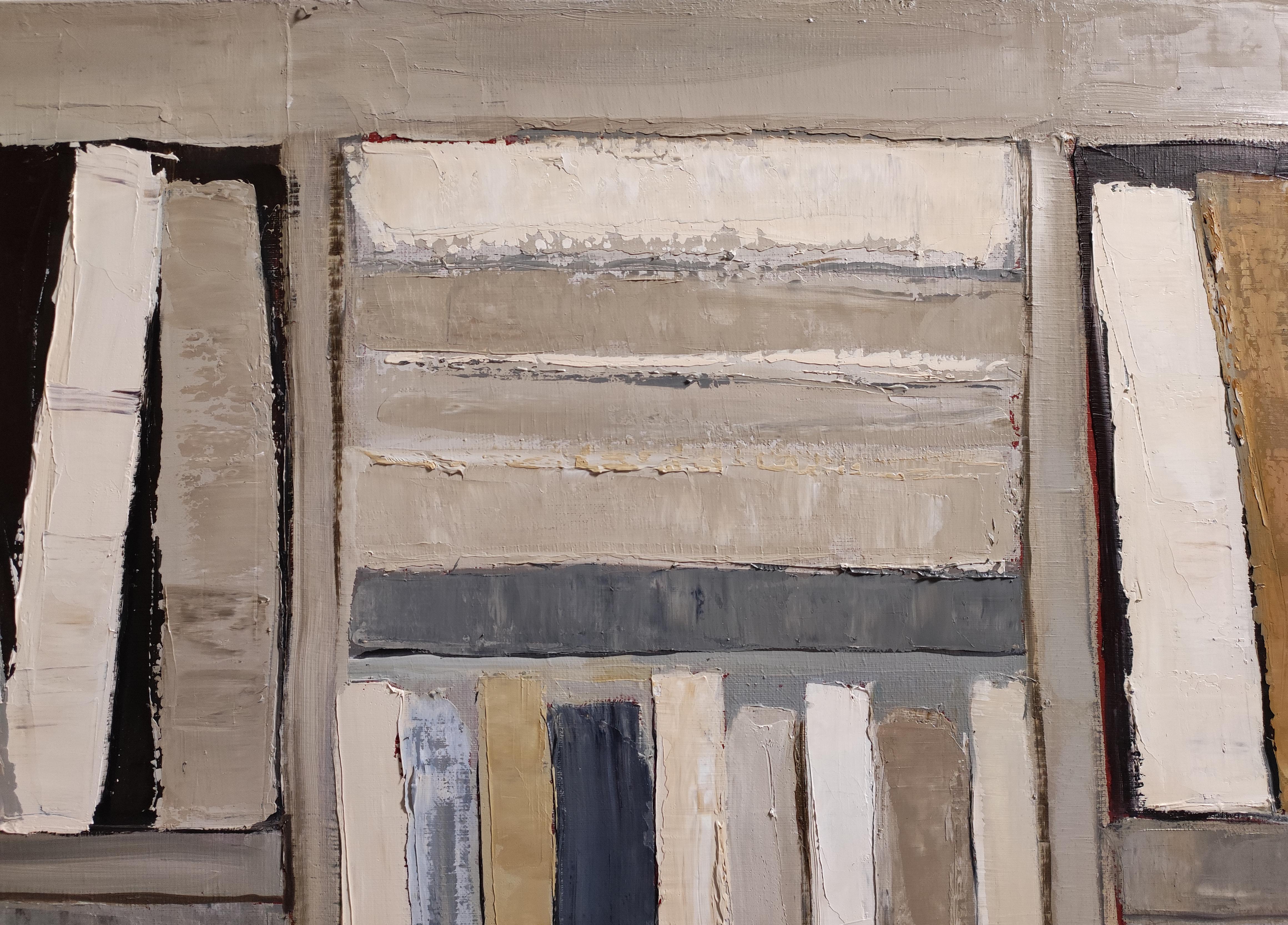 The Reader’s Eye-Abstract oil painting, stylized bookshelf with warm tones For Sale 1