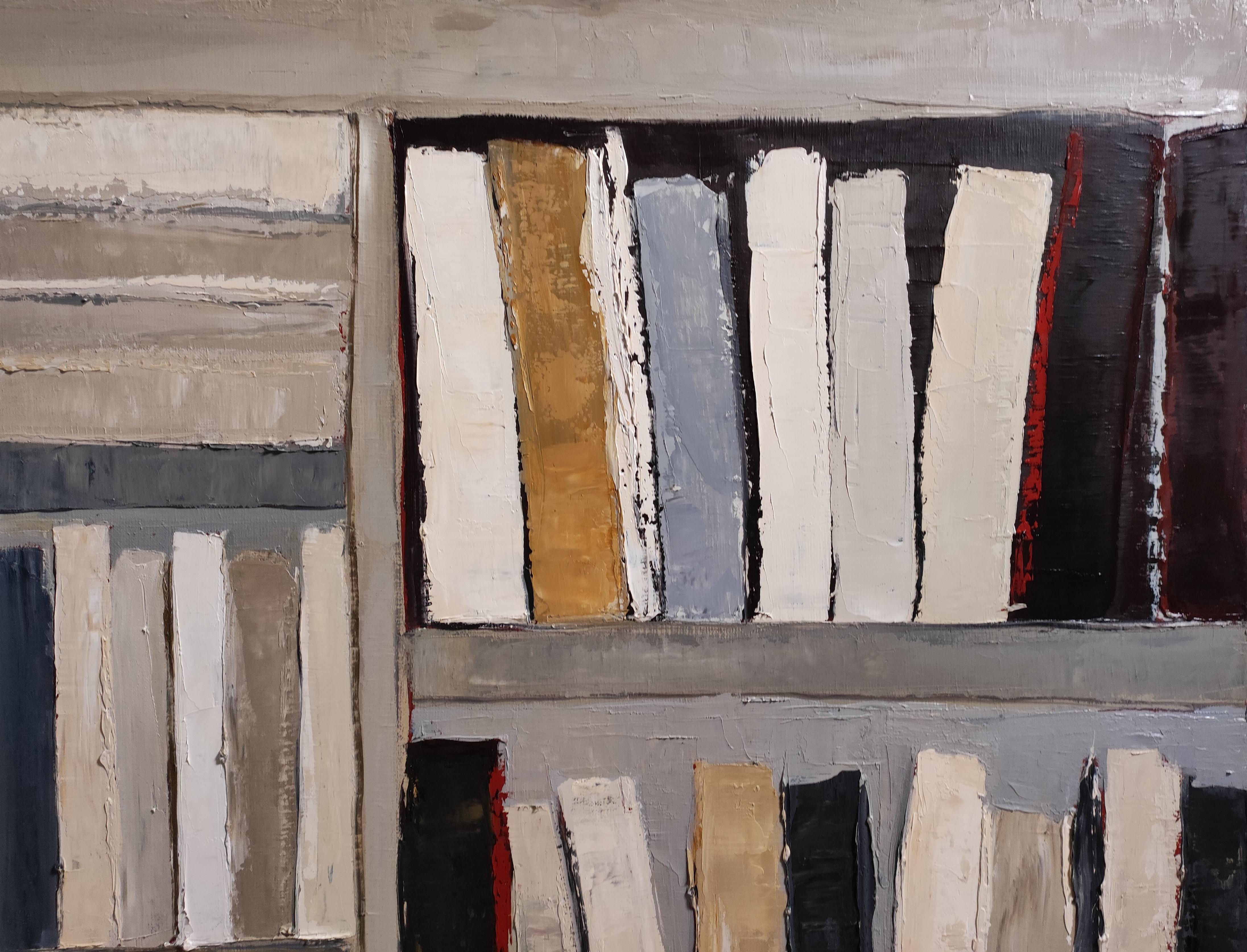 The Reader’s Eye-Abstract oil painting, stylized bookshelf with warm tones For Sale 2