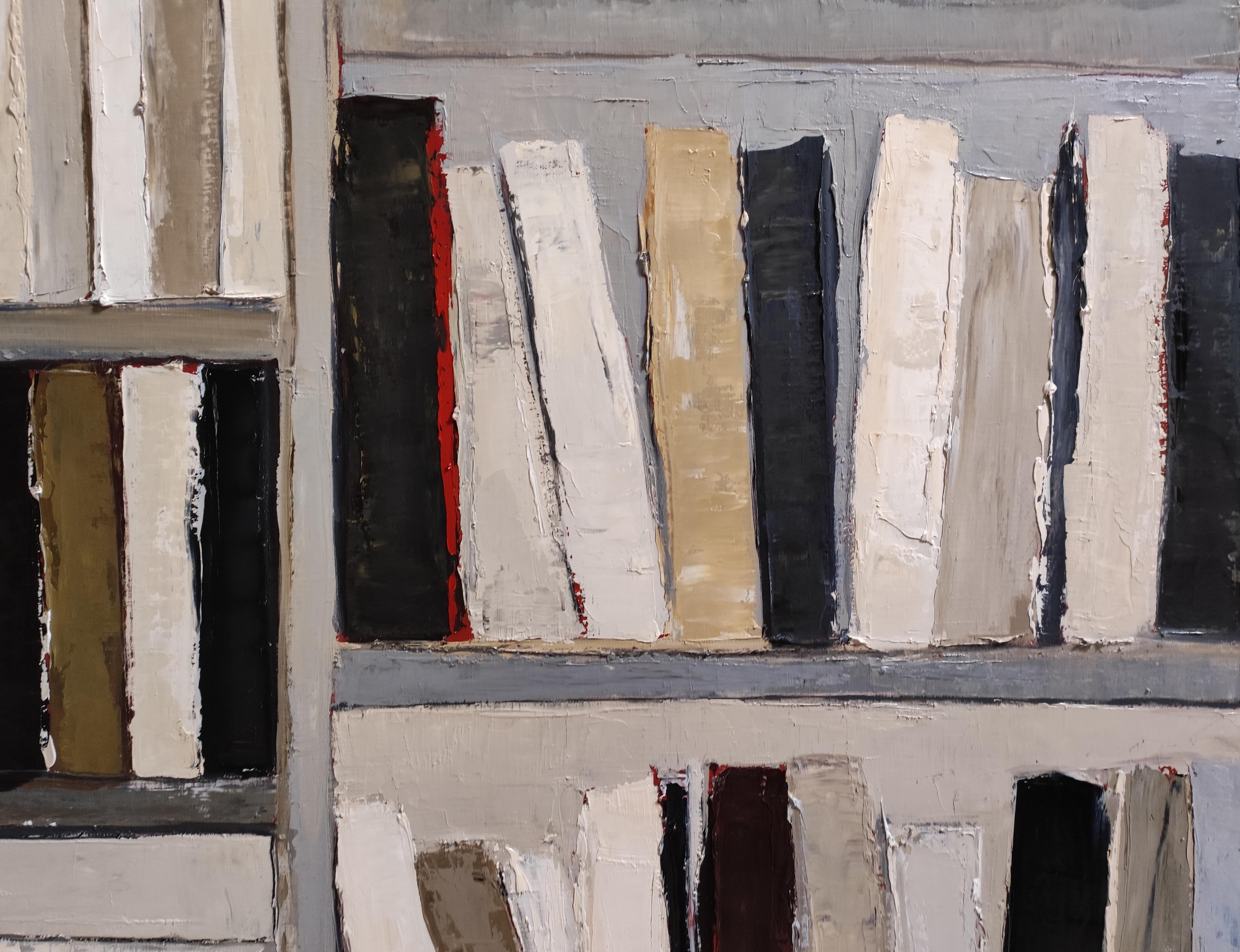The Reader’s Eye-Abstract oil painting, stylized bookshelf with warm tones For Sale 3