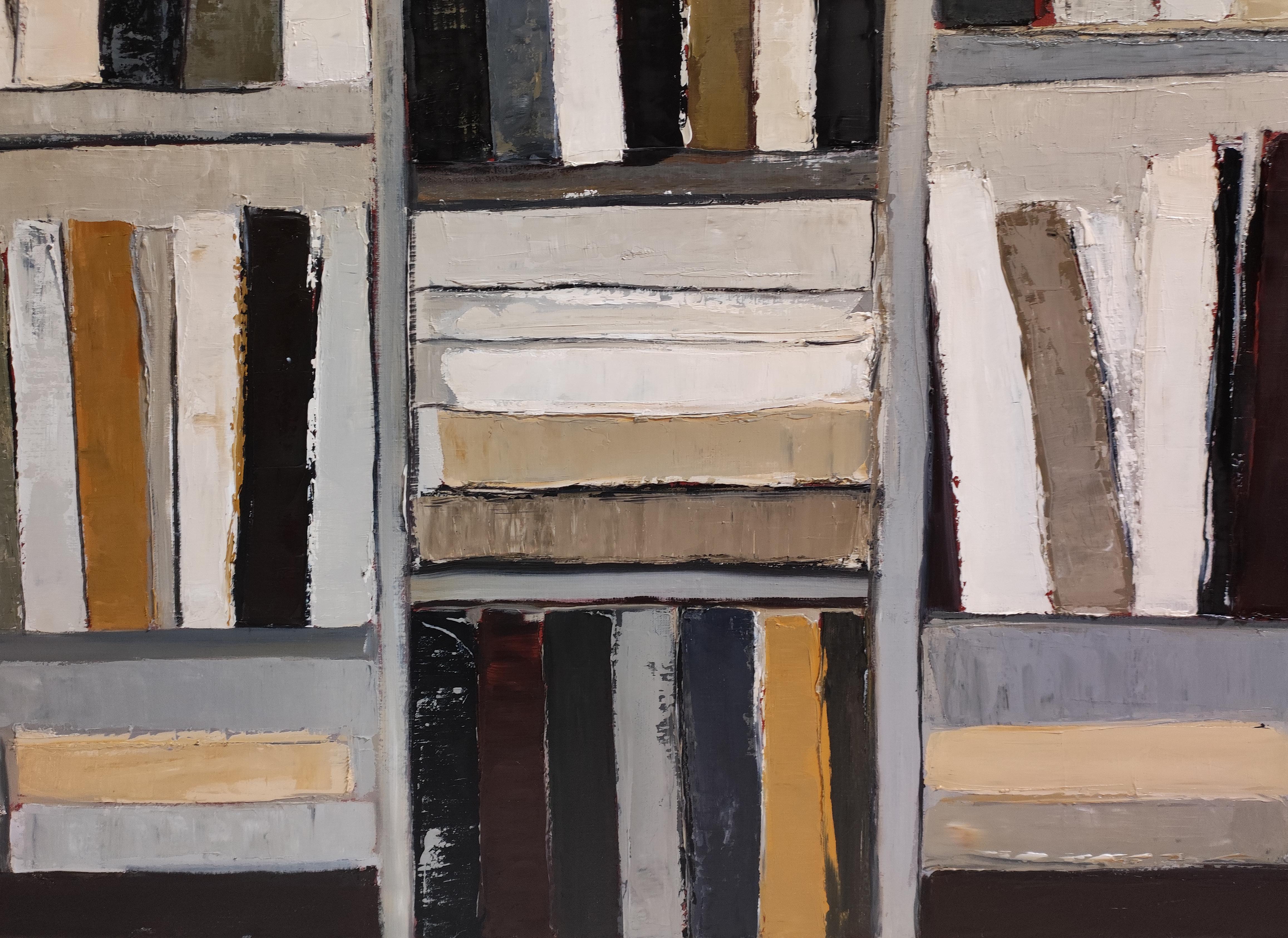 The Reader’s Eye-Abstract oil painting, stylized bookshelf with warm tones For Sale 4
