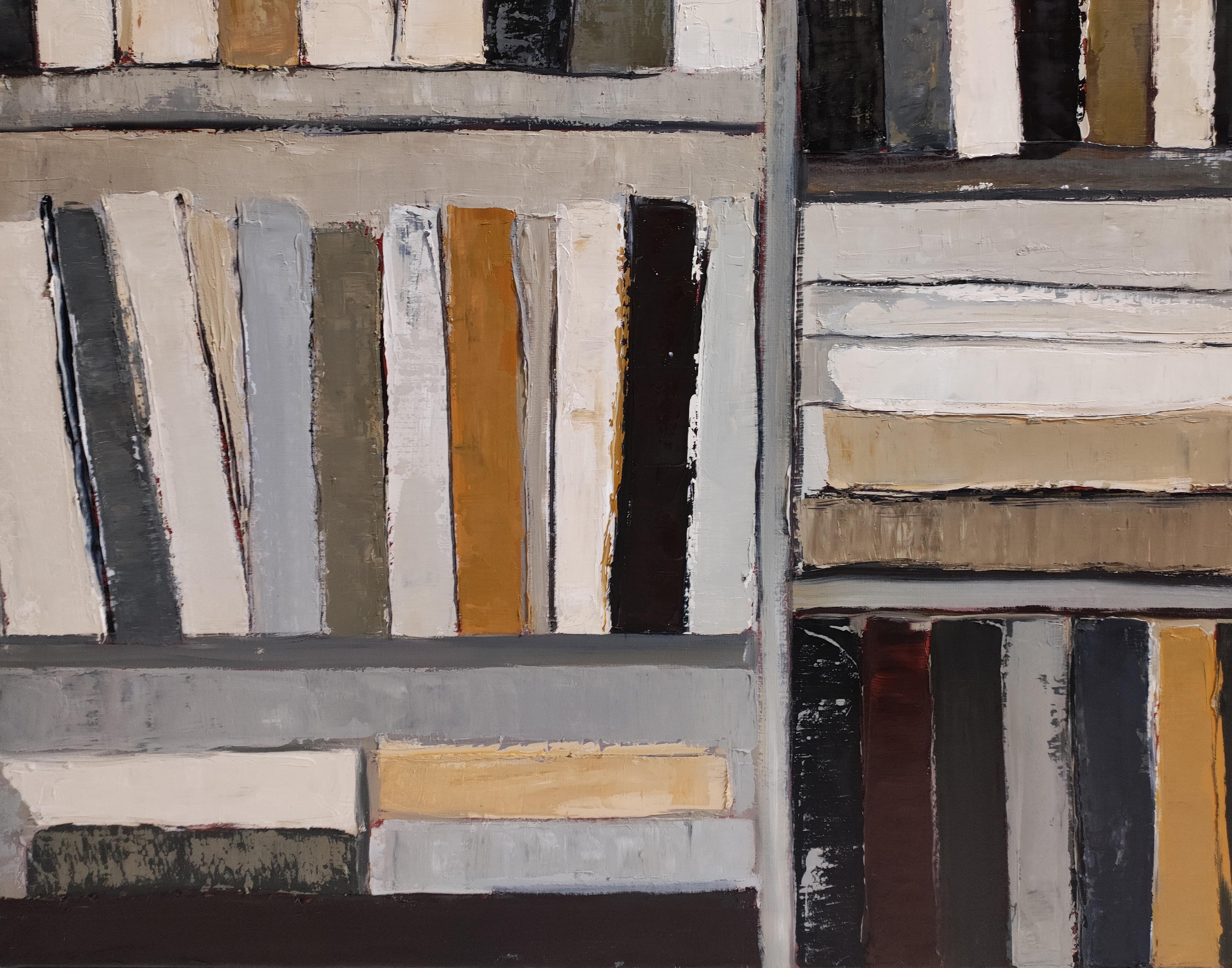 The Reader’s Eye-Abstract oil painting, stylized bookshelf with warm tones For Sale 5