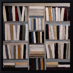 The Reader’s Eye-Abstract oil painting, stylized bookshelf with warm tones