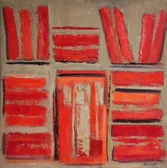 The Red Bindings – Abstract Bookshelf Oil and Collage Painting by Sophie Dumont