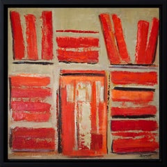 The Red Bindings – Abstract Bookshelf Oil and Collage Painting by Sophie Dumont