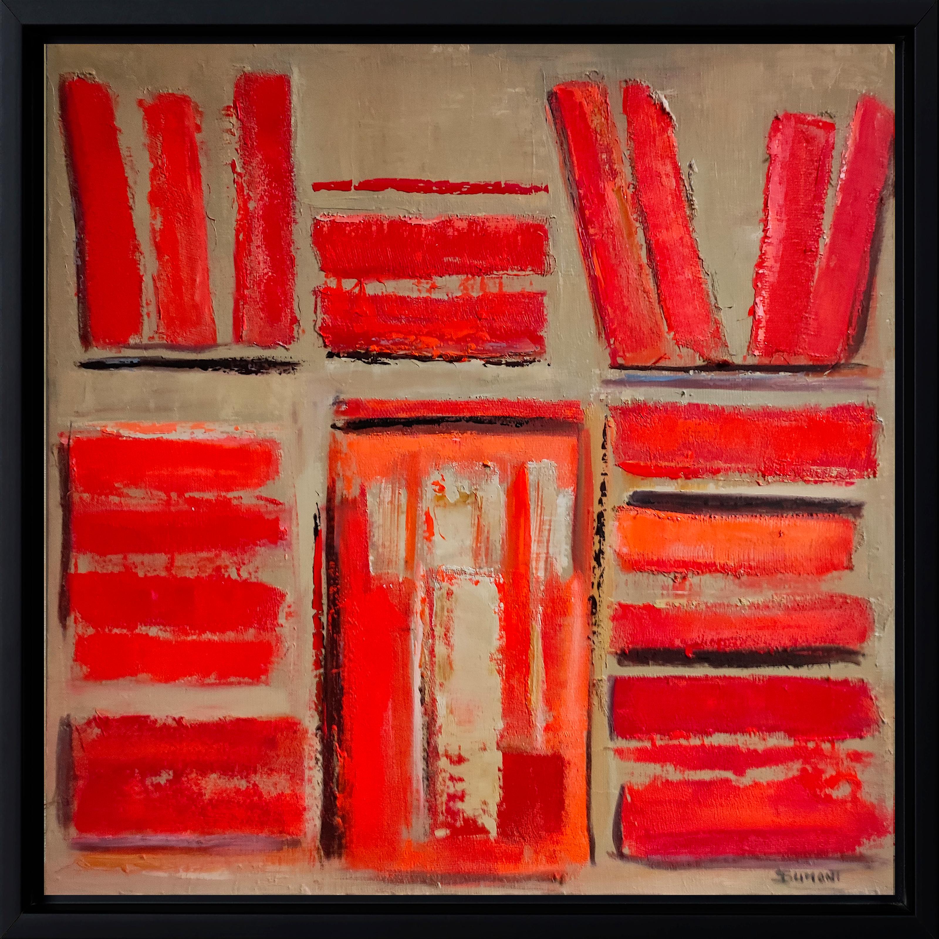 The Red Bindings – Abstract Bookshelf Oil and Collage Painting by Sophie Dumont
