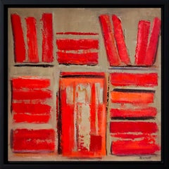 The Red Bindings – Abstract Bookshelf Oil and Collage Painting by Sophie Dumont