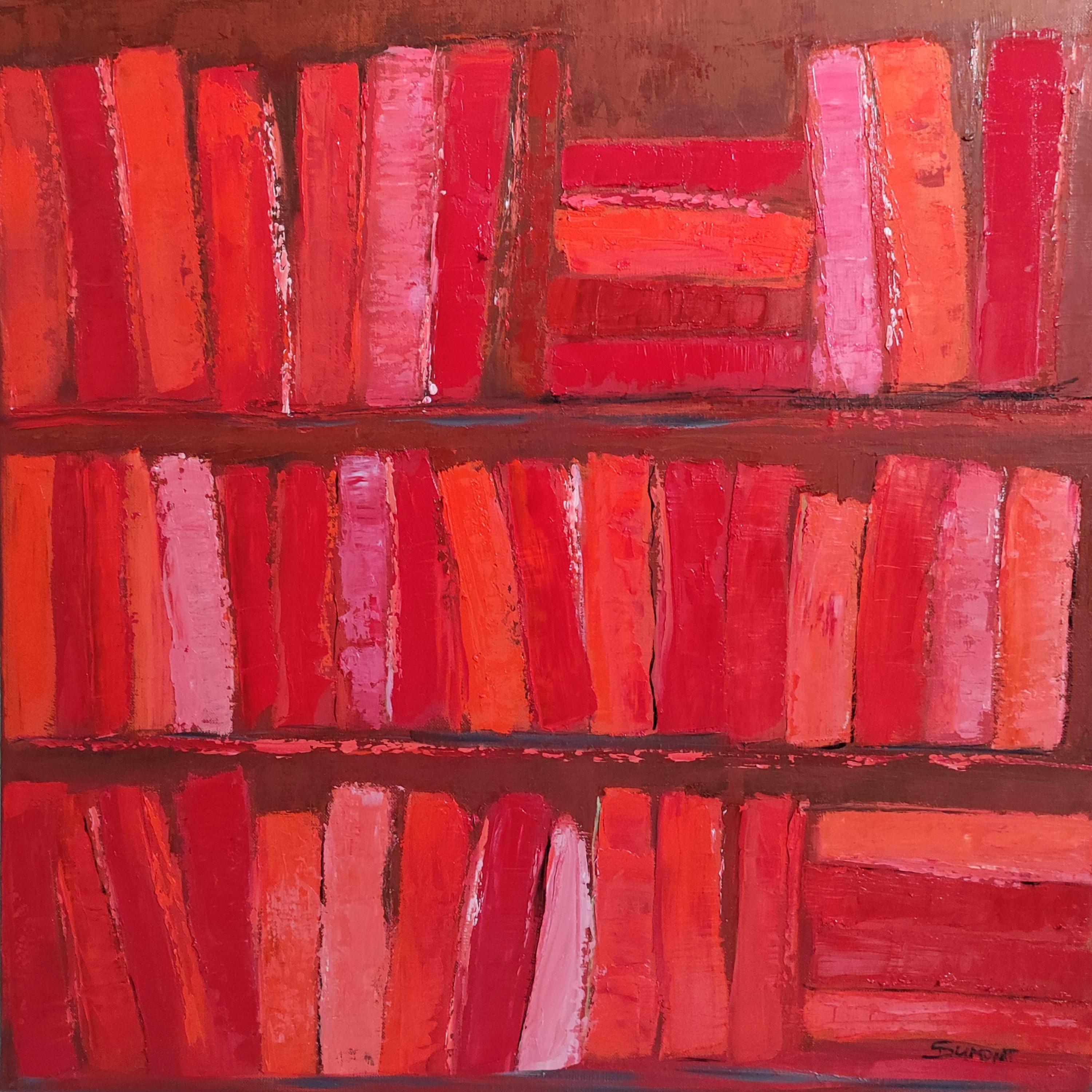 I LIBRI ROSSI, minimalismo astratto, serie rossa delle biblioteche - Painting di SOPHIE DUMONT