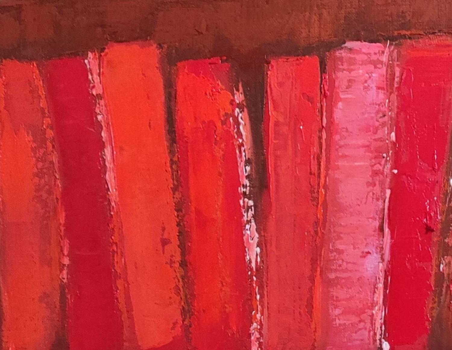 Tableau abstrait minimaliste rouge très en matiere sur le theme des bibliothèques
Des livres rouges et orangés, travaillés à l'huile et au couteau. 
L'artista gioca con le verticalità dei libri e le fa vivere lavorando con le sue sfumature e le sue
