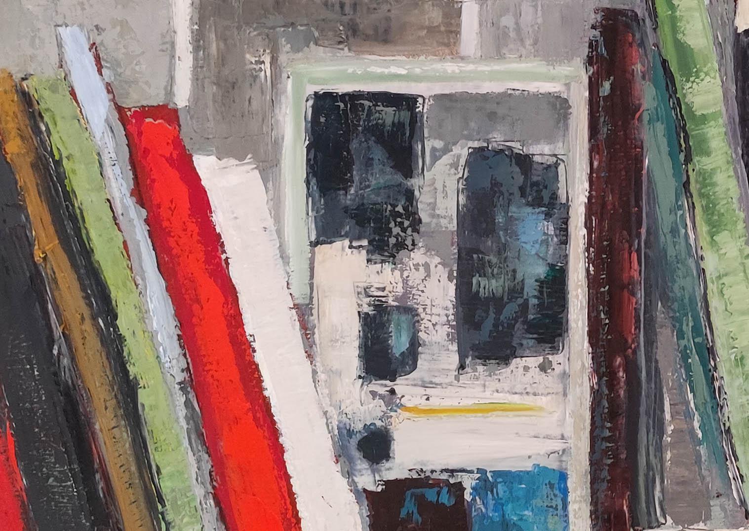 Grünes und rotes abstraktes, geometrisches, Ölgemälde, Expressionismus – Painting von SOPHIE DUMONT