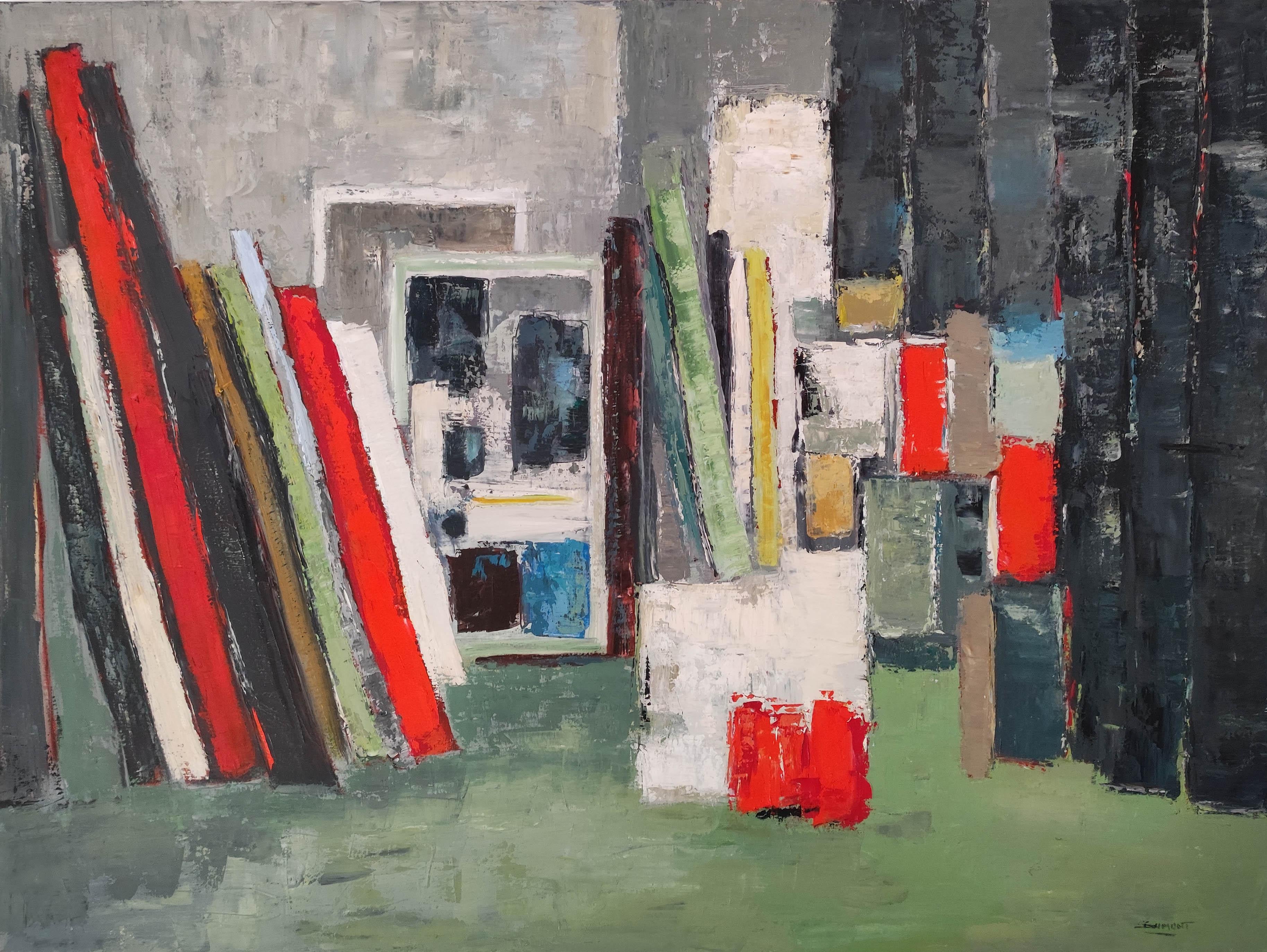 SOPHIE DUMONT Interior Painting – Grünes und rotes abstraktes, geometrisches, Ölgemälde, Expressionismus