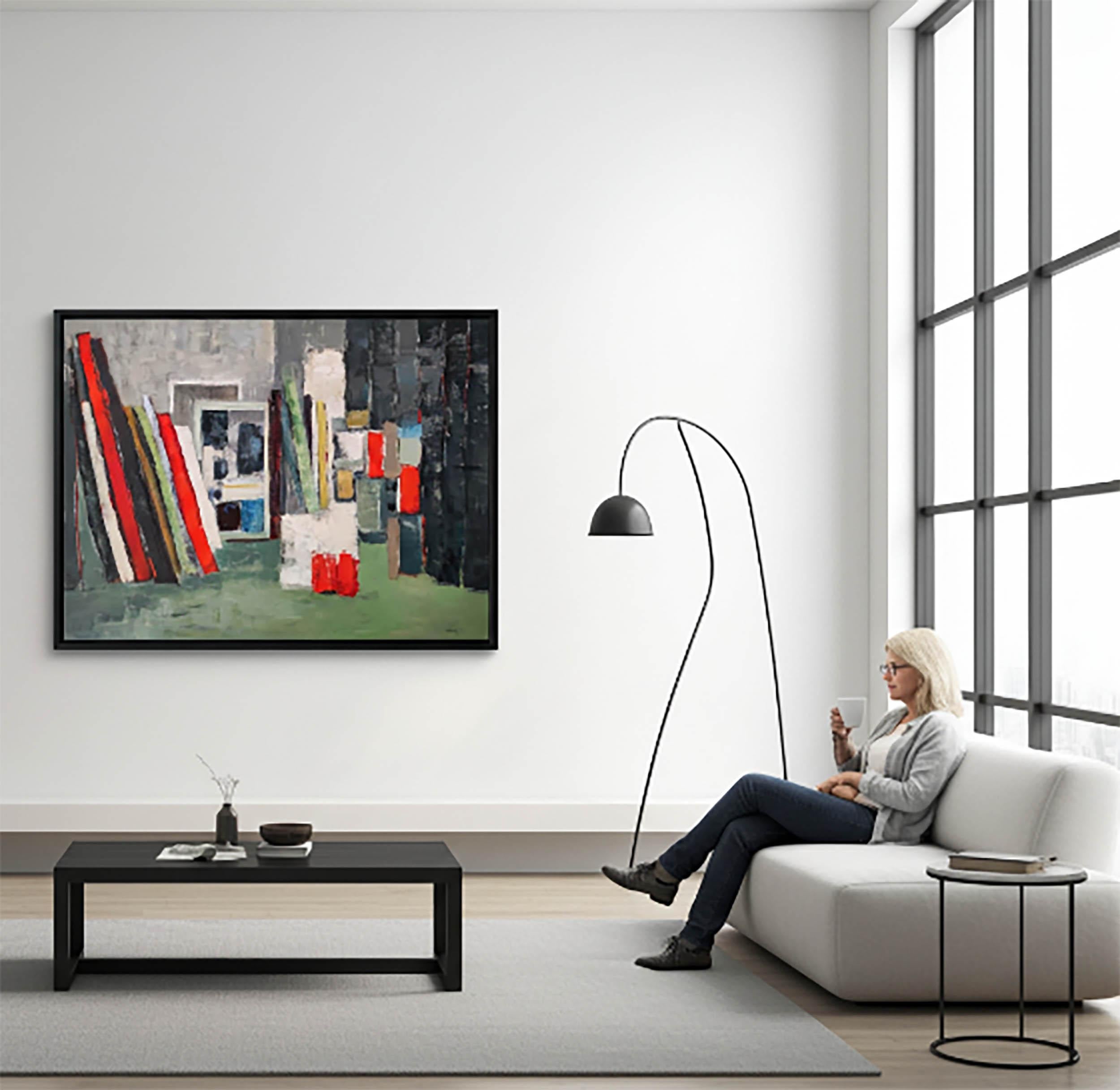 The studio, Grün und Rot Abstrakt, Geometrisch, Ölgemälde, Expressionismus (Grau), Interior Painting, von SOPHIE DUMONT