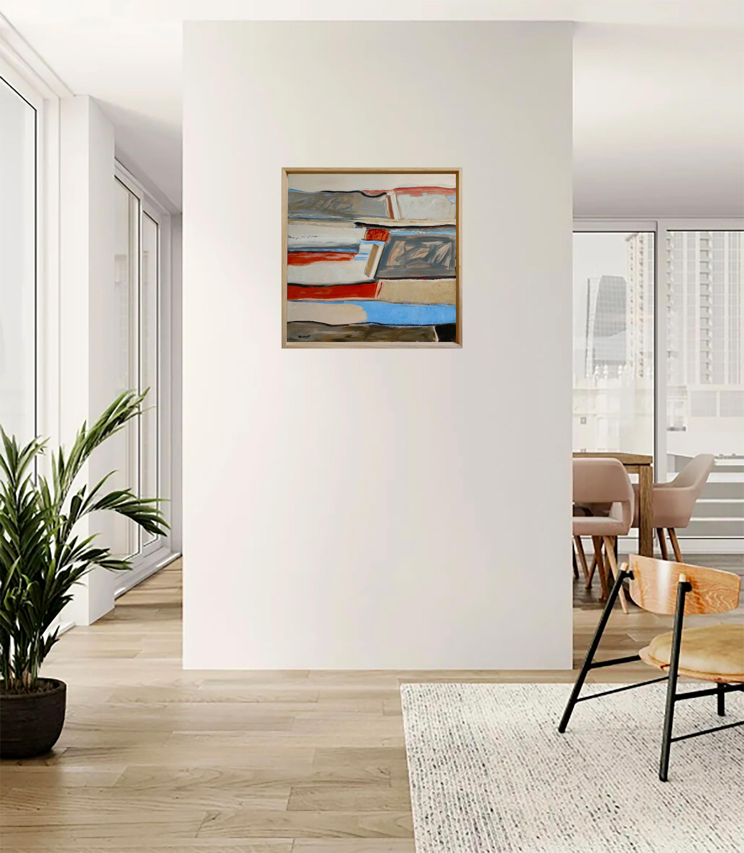 Tranquilité, Abstract Mixed Media Painting on Linen, Horizontal Landscape French - Gray Landscape Painting by SOPHIE DUMONT