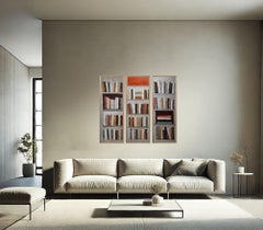 Large Triptych Abstract Bookshelf Painting – Oil on Canvas, Modern Library