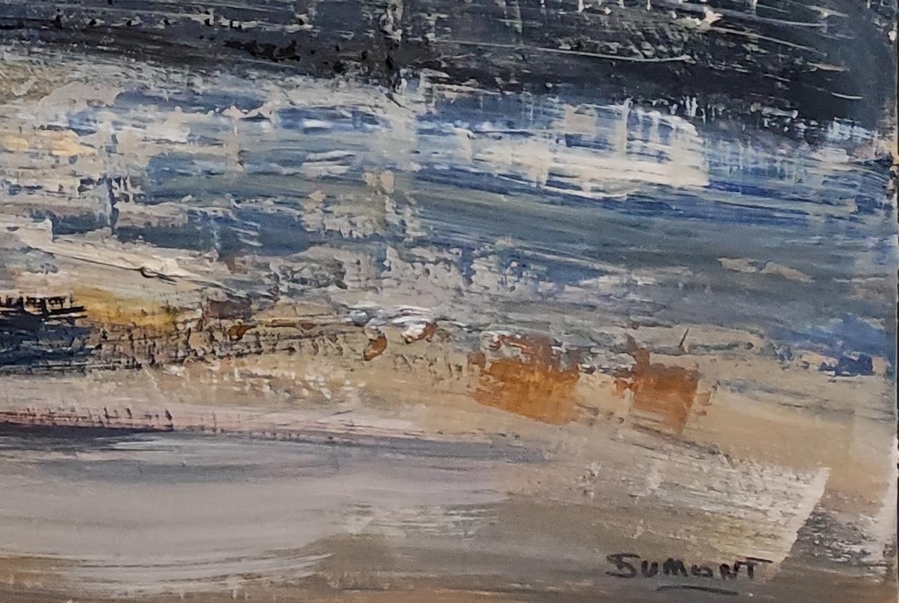 Norman universe, beach, seaside, blue abstract, expressionism, textured France - Gray Abstract Painting by SOPHIE DUMONT
