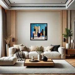 Harmony urbaine, abstrait bleu, grand format Artiste français, Expressionnisme, Contemporain