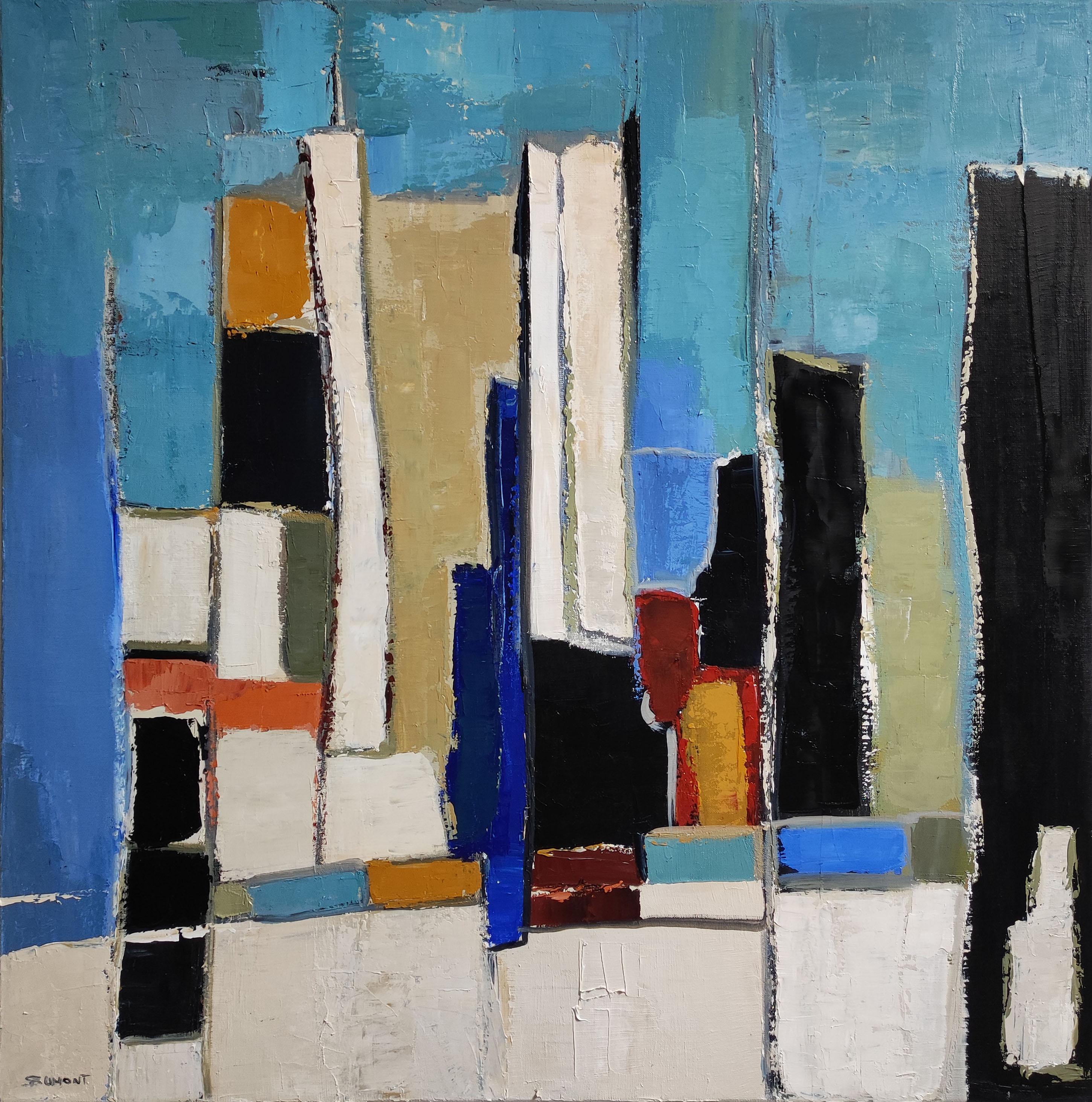 Armonia Urbana, Blu Astratto, Grande  Artista francese, Espressionismo, Contemporaneo - Still-Life Painting Nero di SOPHIE DUMONT