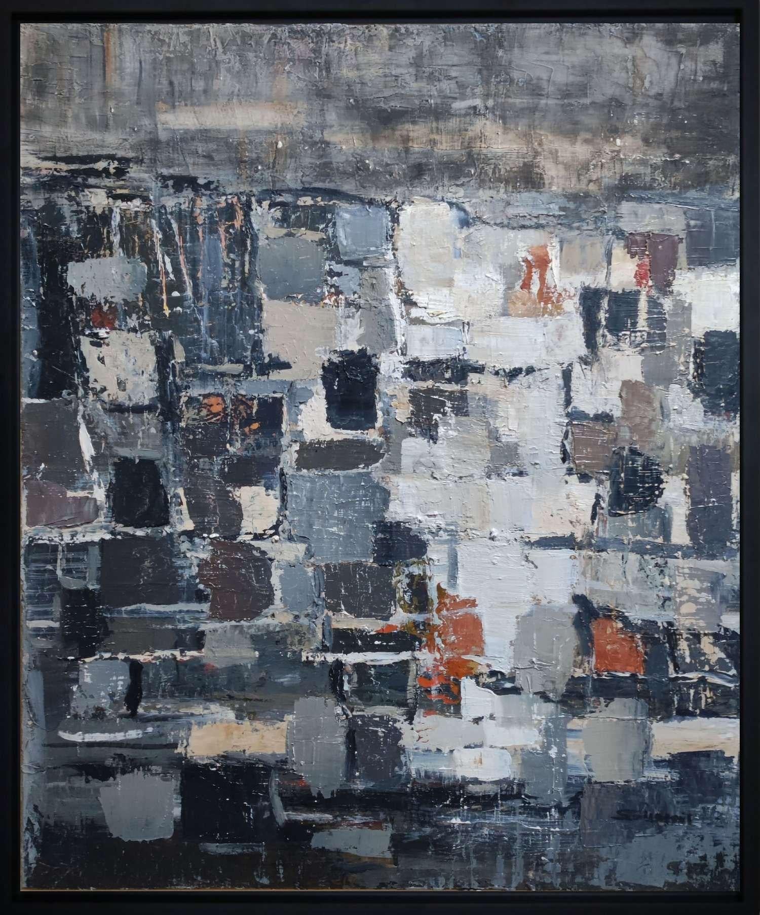 variations, expressionism abstract, gray, cliff, oil on canvas; french artist - Painting by SOPHIE DUMONT