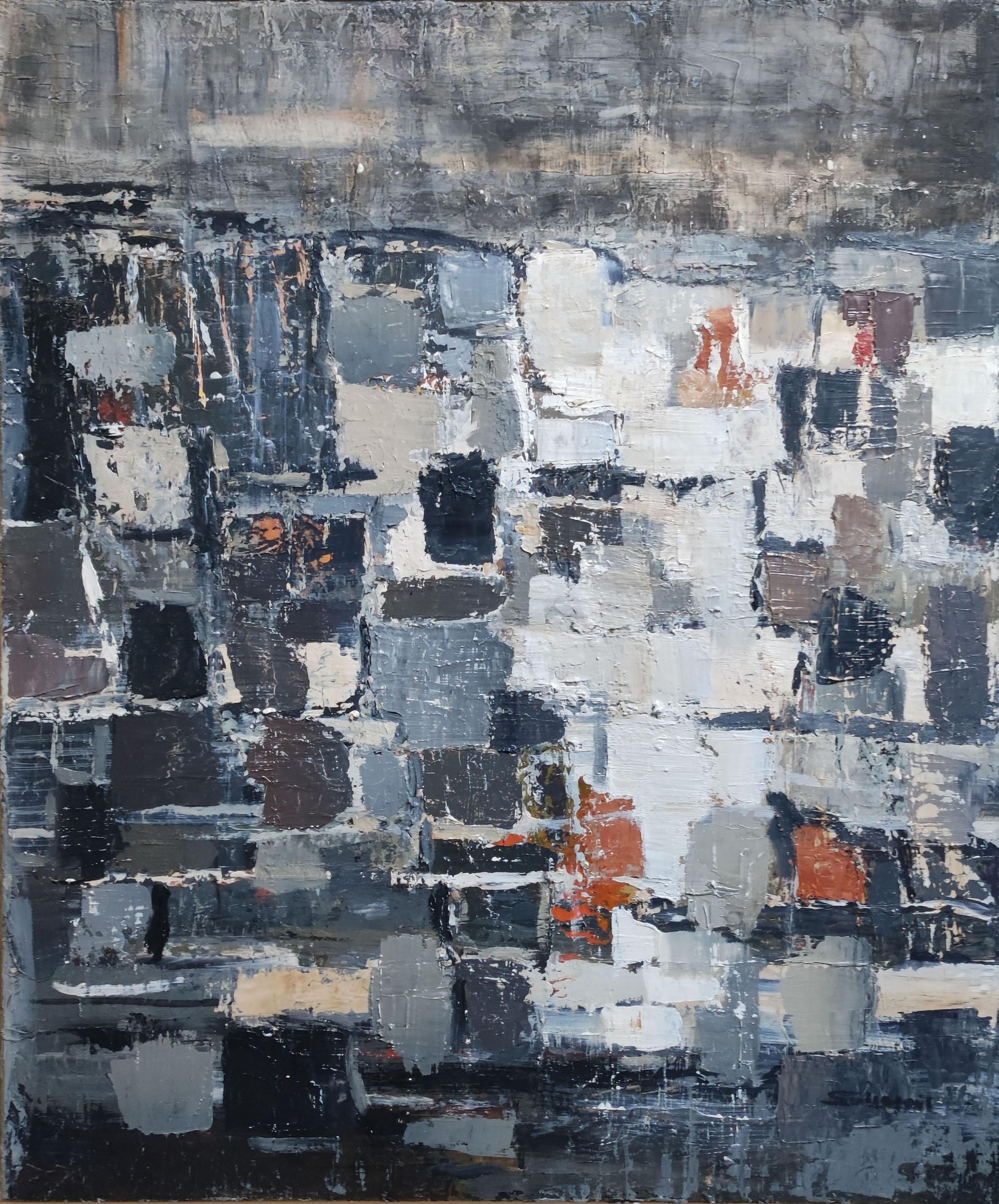 variations, expressionism abstract, gray, cliff, oil on canvas; french artist - Abstract Expressionist Painting by SOPHIE DUMONT