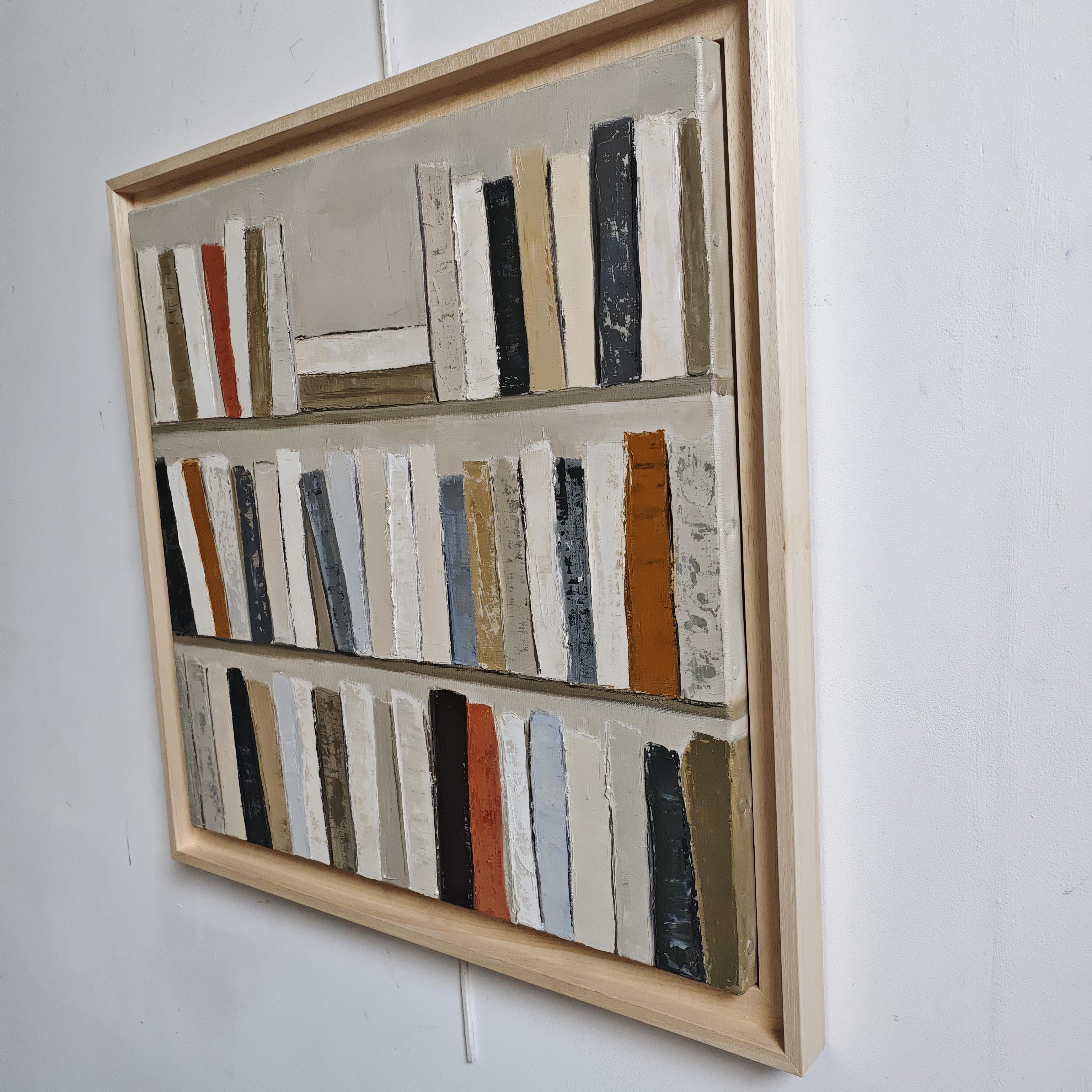 libro dopo libro , Biblioteca astratta, Olio su tela, Contemporaneo moderno, Con cornice - Abstract Painting Grigio di SOPHIE DUMONT
