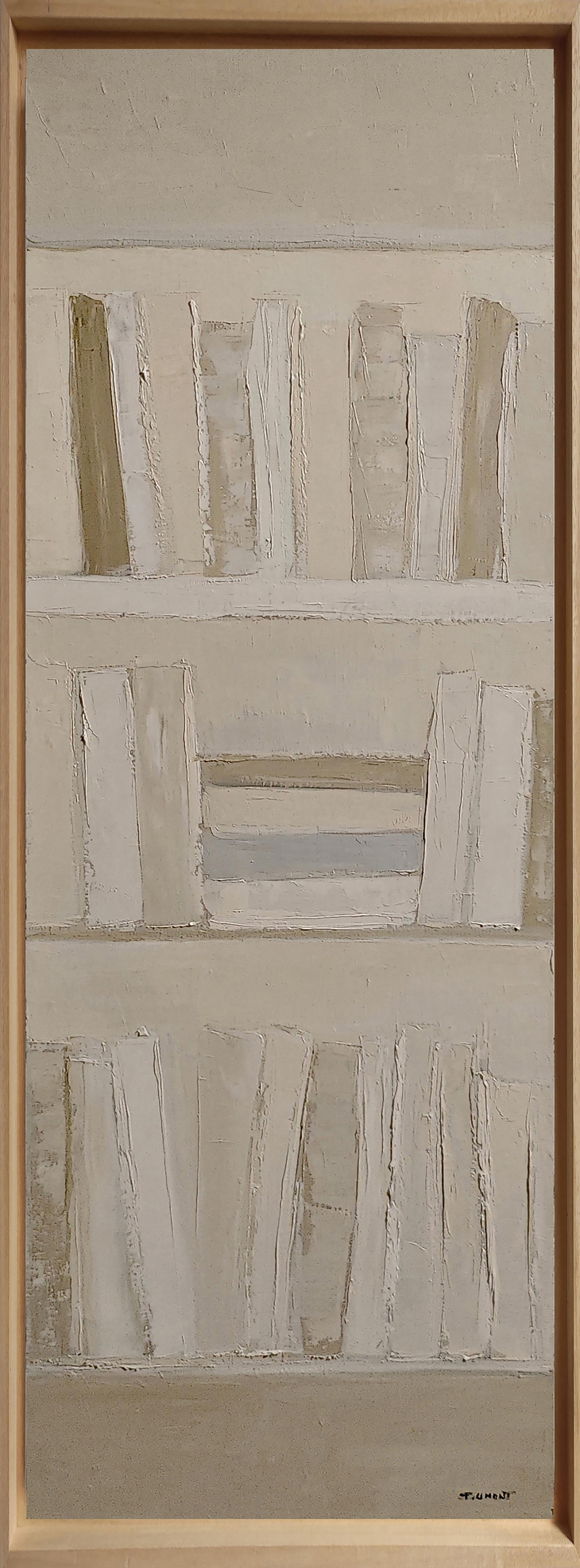 SOPHIE DUMONT Abstract Painting - Vertical Minimalist Bookshelf Painting – Neutral Oil on Canvas, Framed Modern