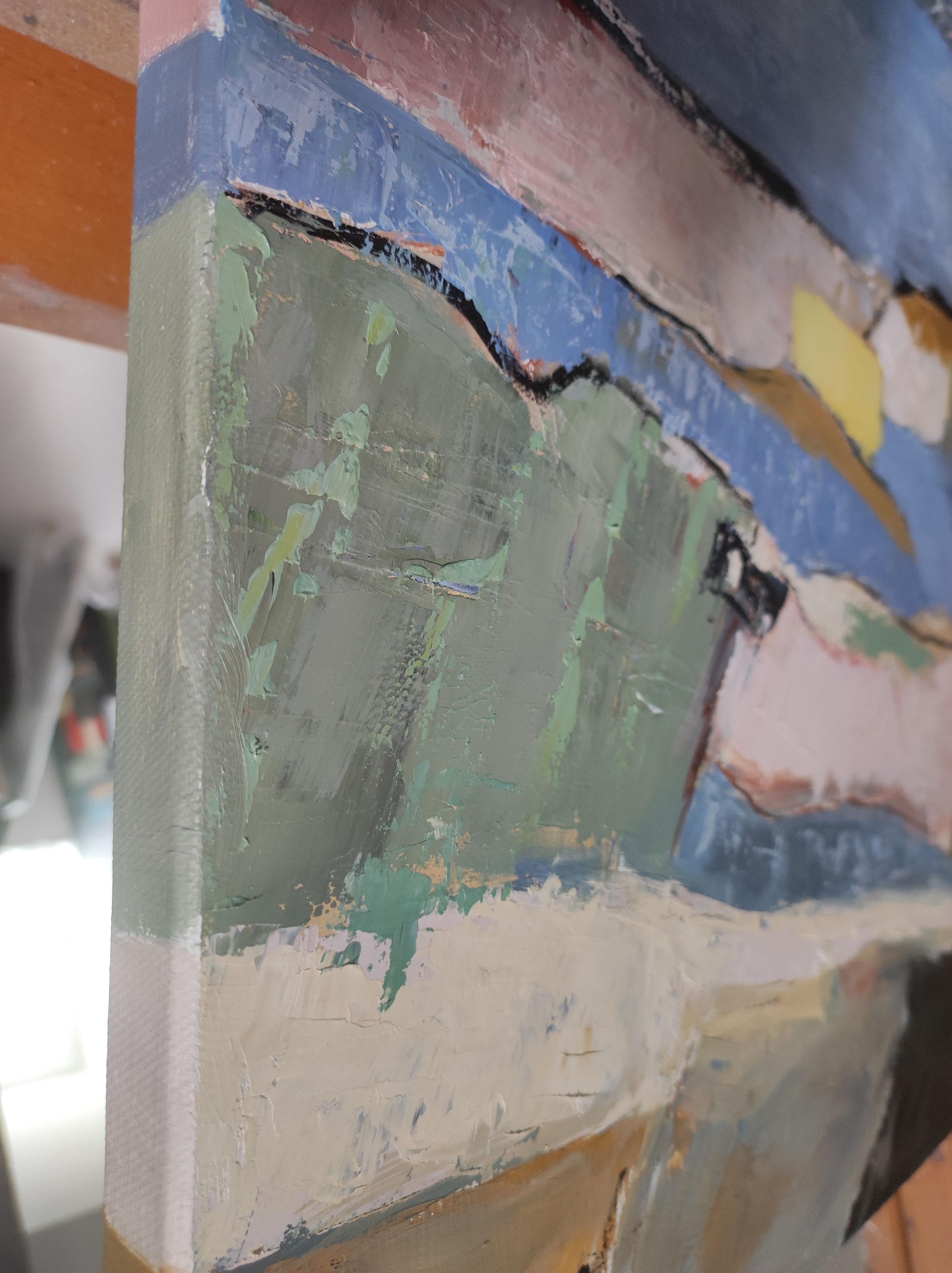 Vibrato, blaue Landschaft, Öl auf Leinwand, Expressionismus, zeitgenössisch, strukturiert im Angebot 8