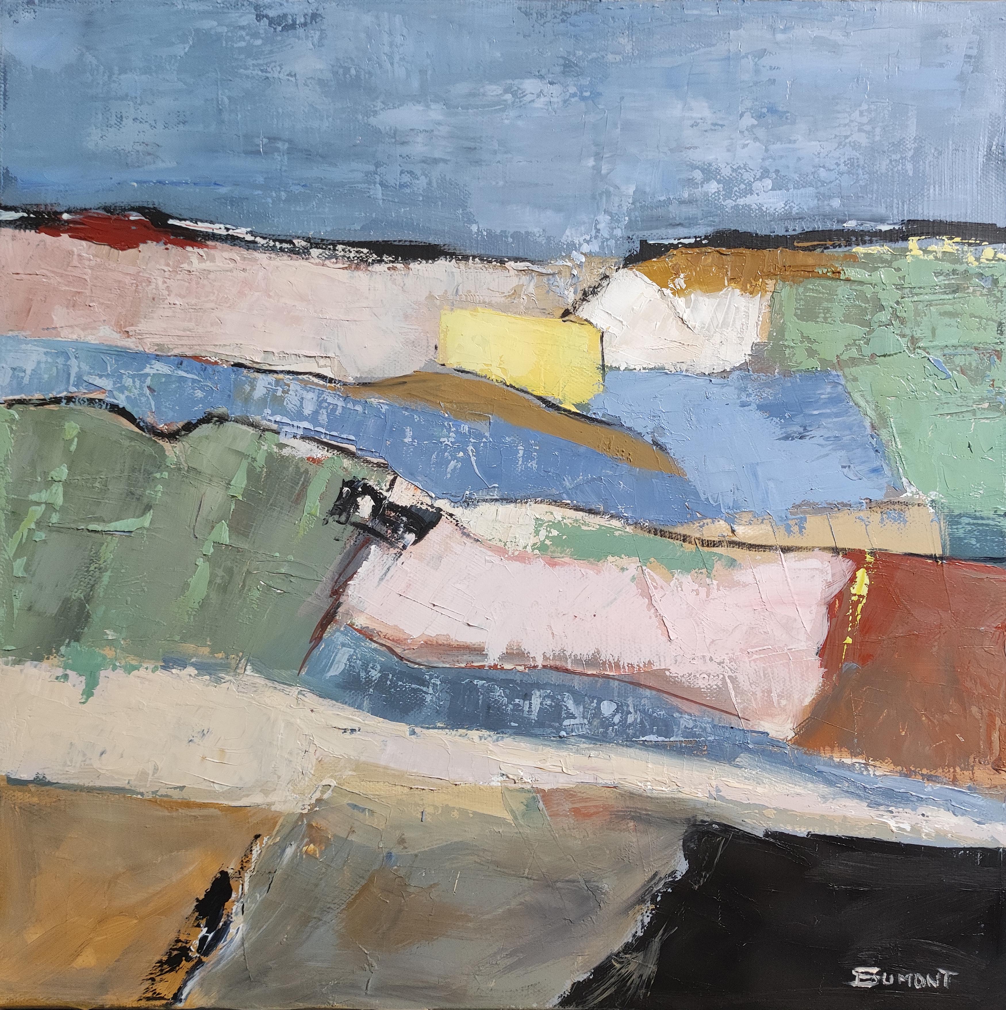 Vibrato, blaue Landschaft, Öl auf Leinwand, Expressionismus, zeitgenössisch, strukturiert (Abstrakter Expressionismus), Painting, von SOPHIE DUMONT