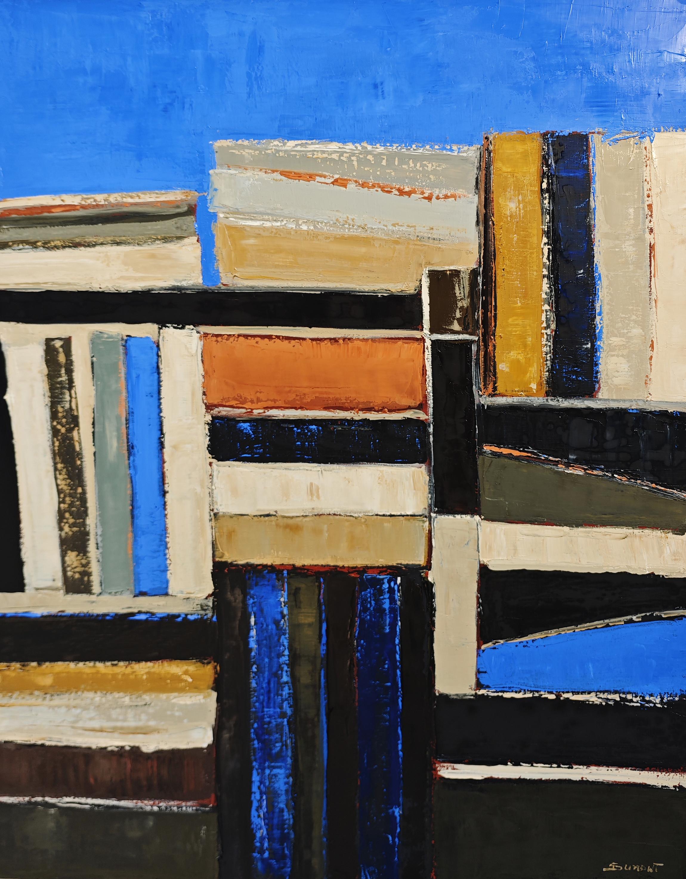 Volumes alignés, Contemporary  textured Oil on Canvas, Abstract library, books - Painting by SOPHIE DUMONT